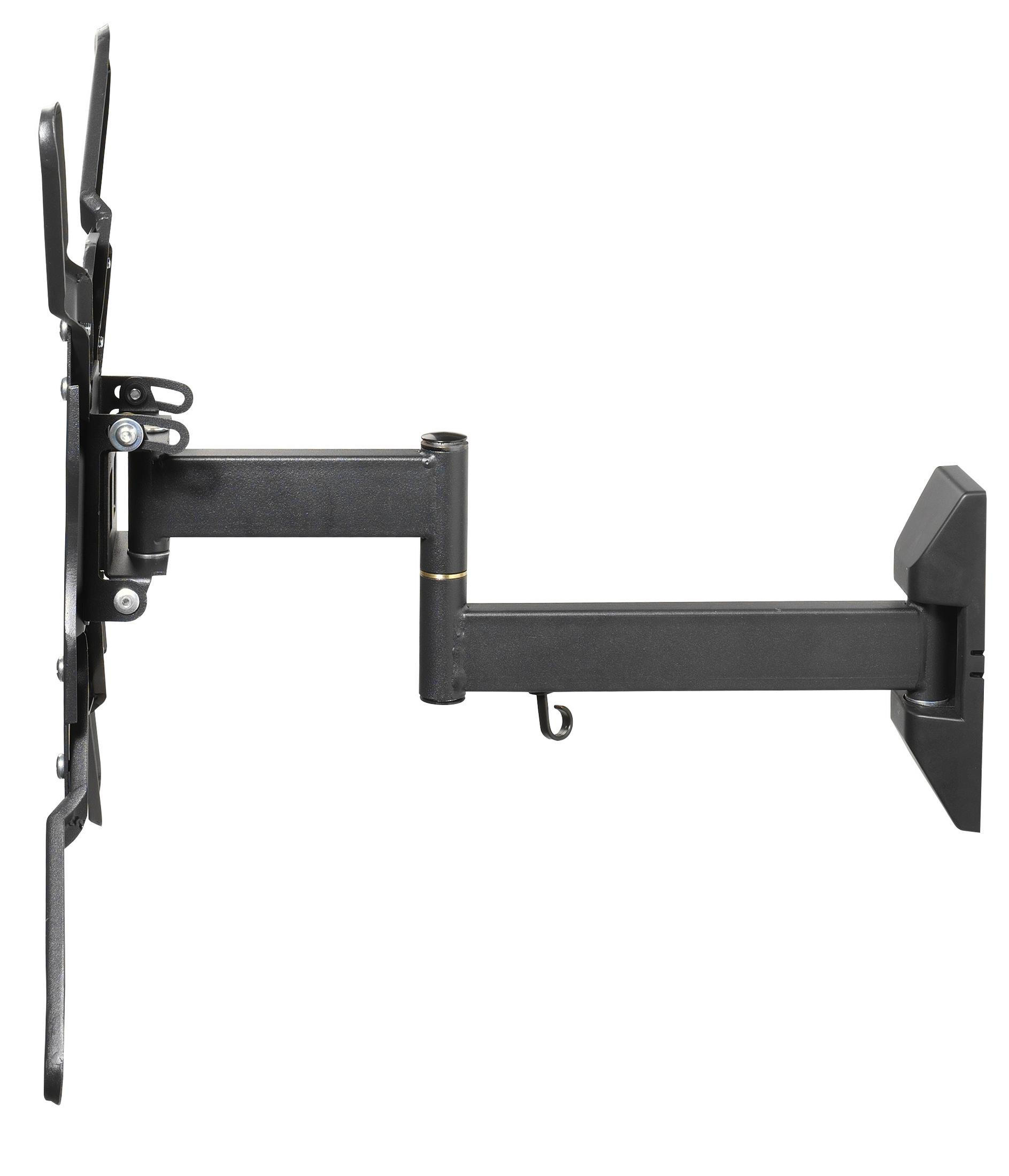 Soporte de pared para TV negro con brazo ajustable y hardware de montaje.