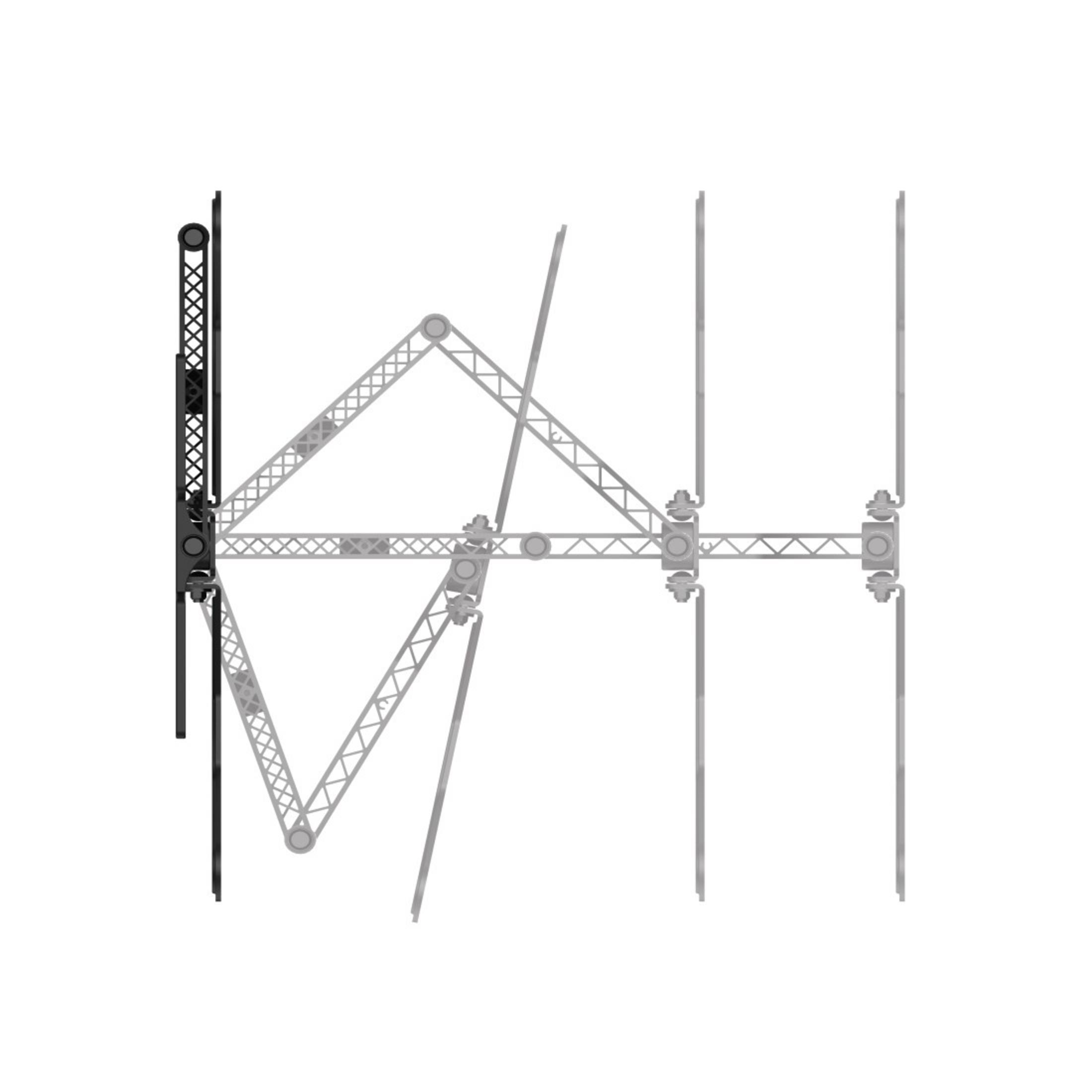 Metalowa konstrukcja składa się z połączonych ze sobą belek i podpór. Ma złożony geometryczny kształt.