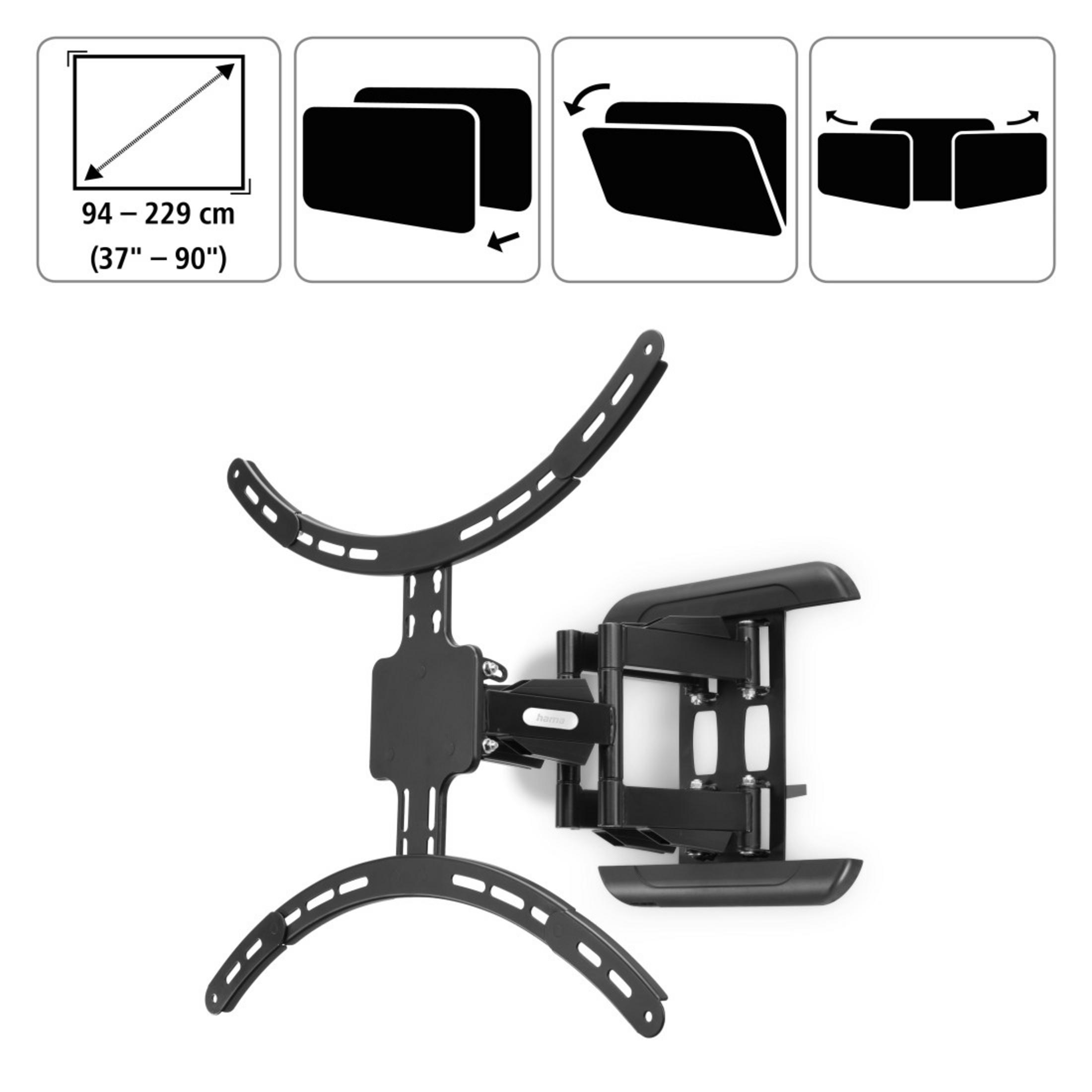 Eine schwarze TV-Halterung mit Diagrammen, mit einem TV-Größenbereich von 37-90 Zoll.