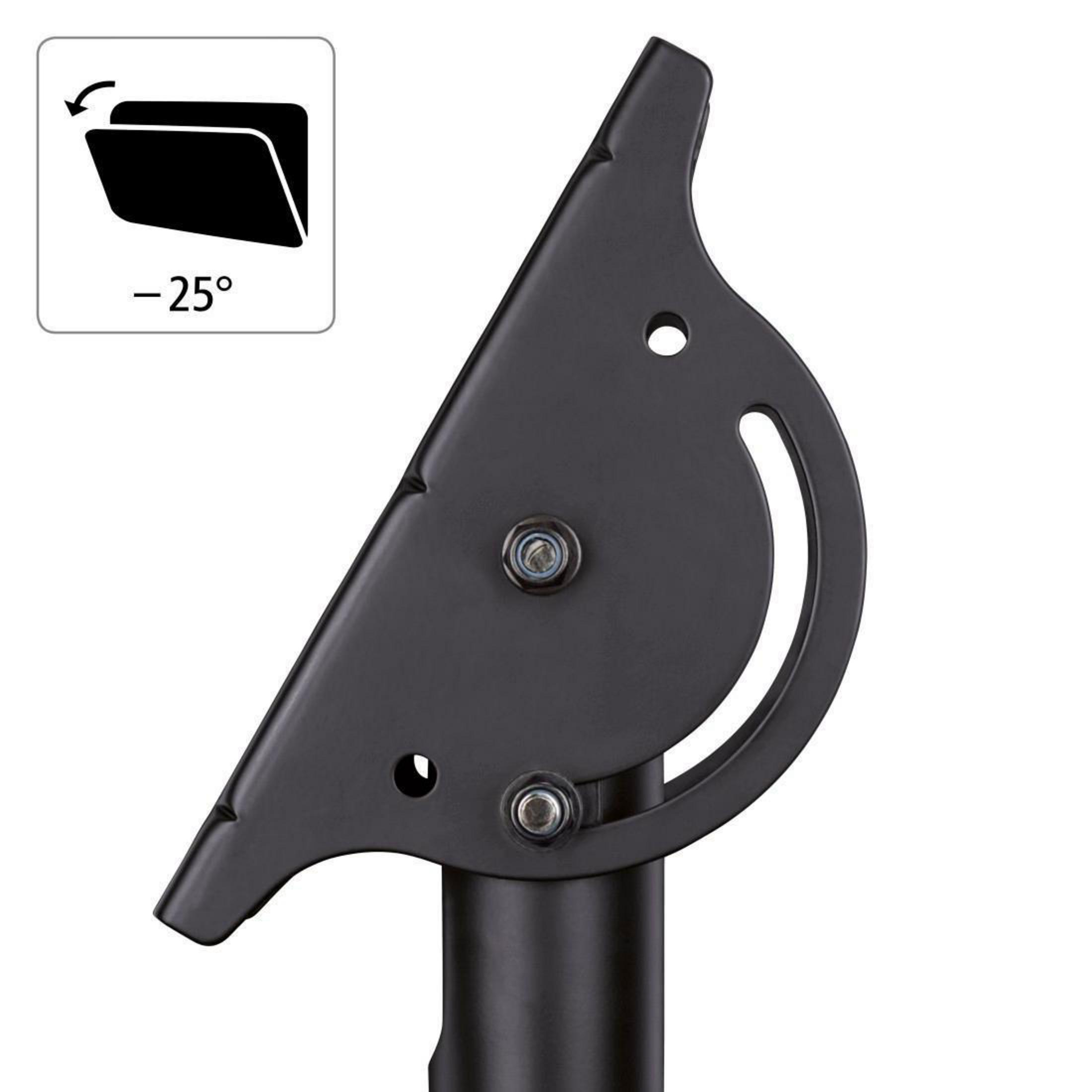 Czarny metalowy wspornik z zakrzywionym wzorem i dwoma otworami. Białe tło.