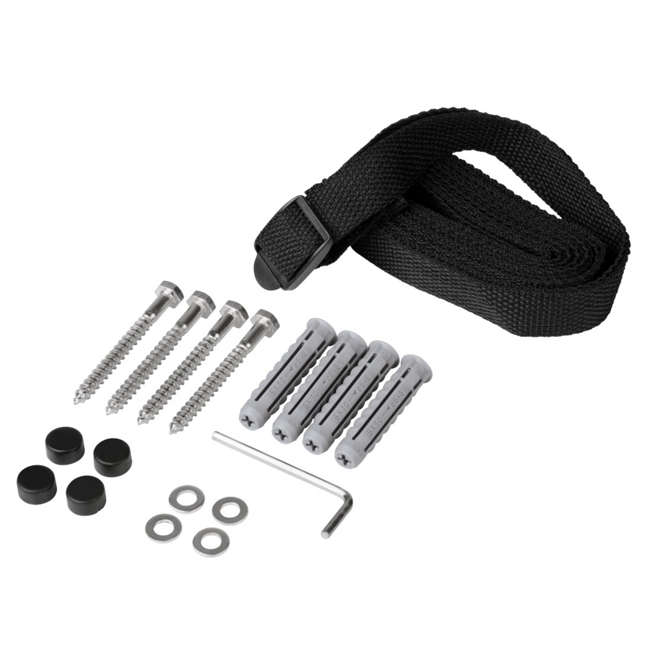 Sortiment aus Schrauben, Dübeln, Unterlegscheiben, schwarzen Kappen, einem schwarzen Gurt und einem Inbusschlüssel.