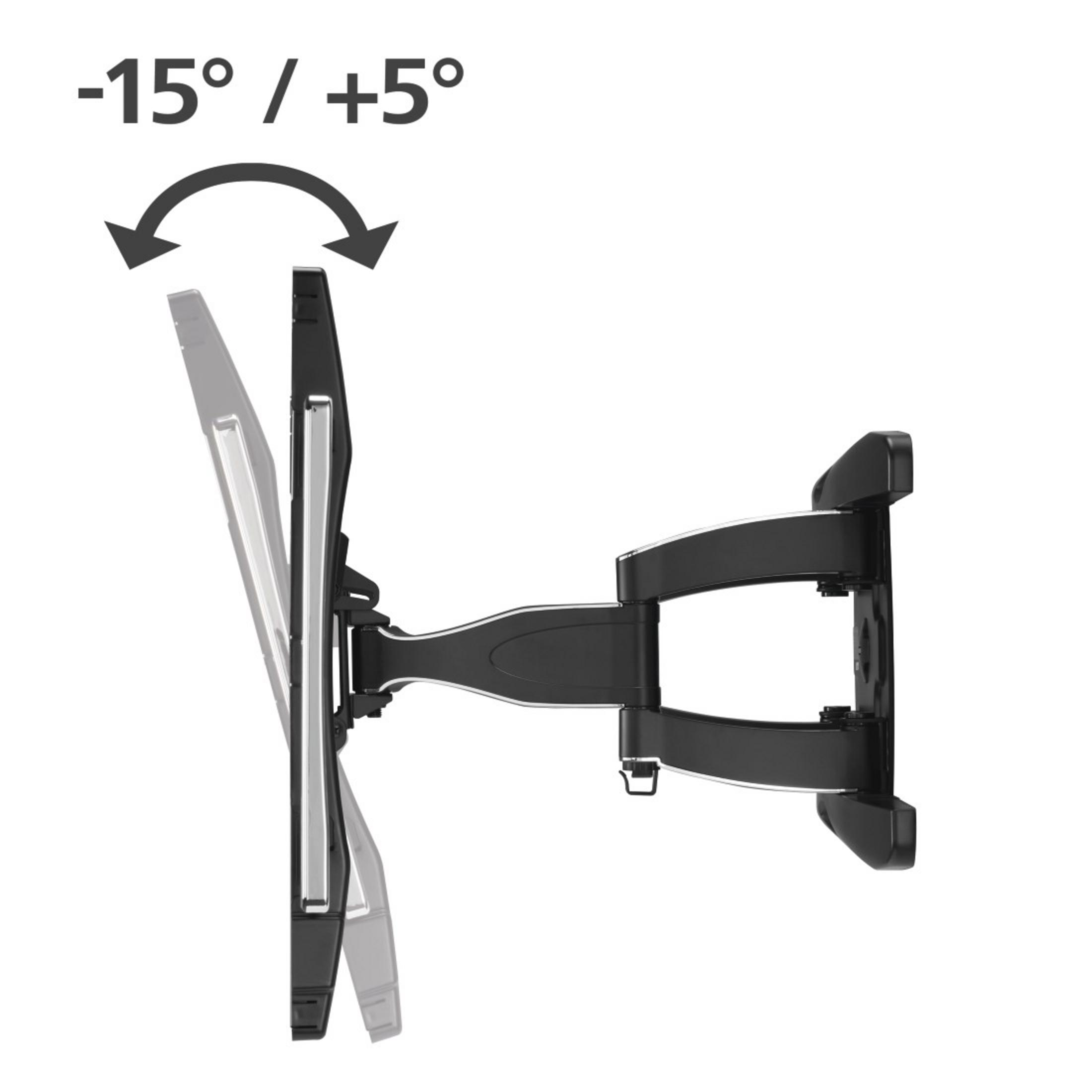 Czarny uchwyt TV z TV, pokazujący zakres pochylenia od -15° do +5°.