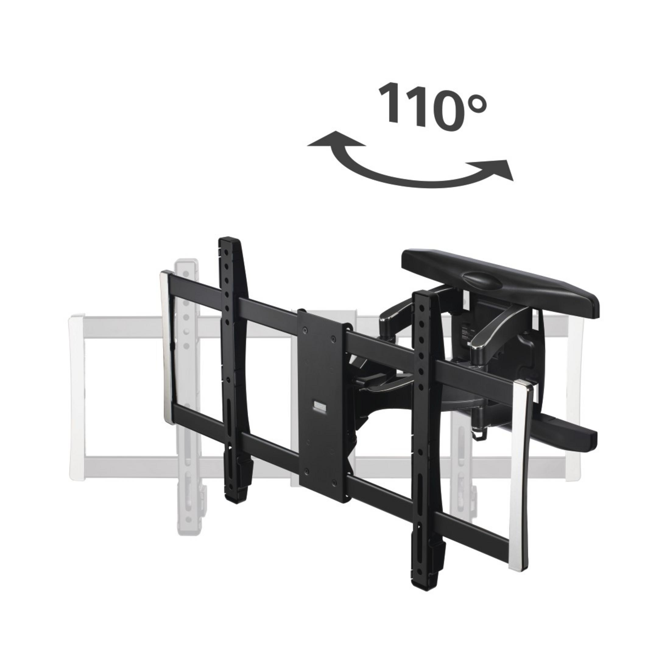 Czarny uchwyt ścienny do telewizora, ze strzałką wskazującą obrót o 110 stopni. Biała ściana z tyłu.