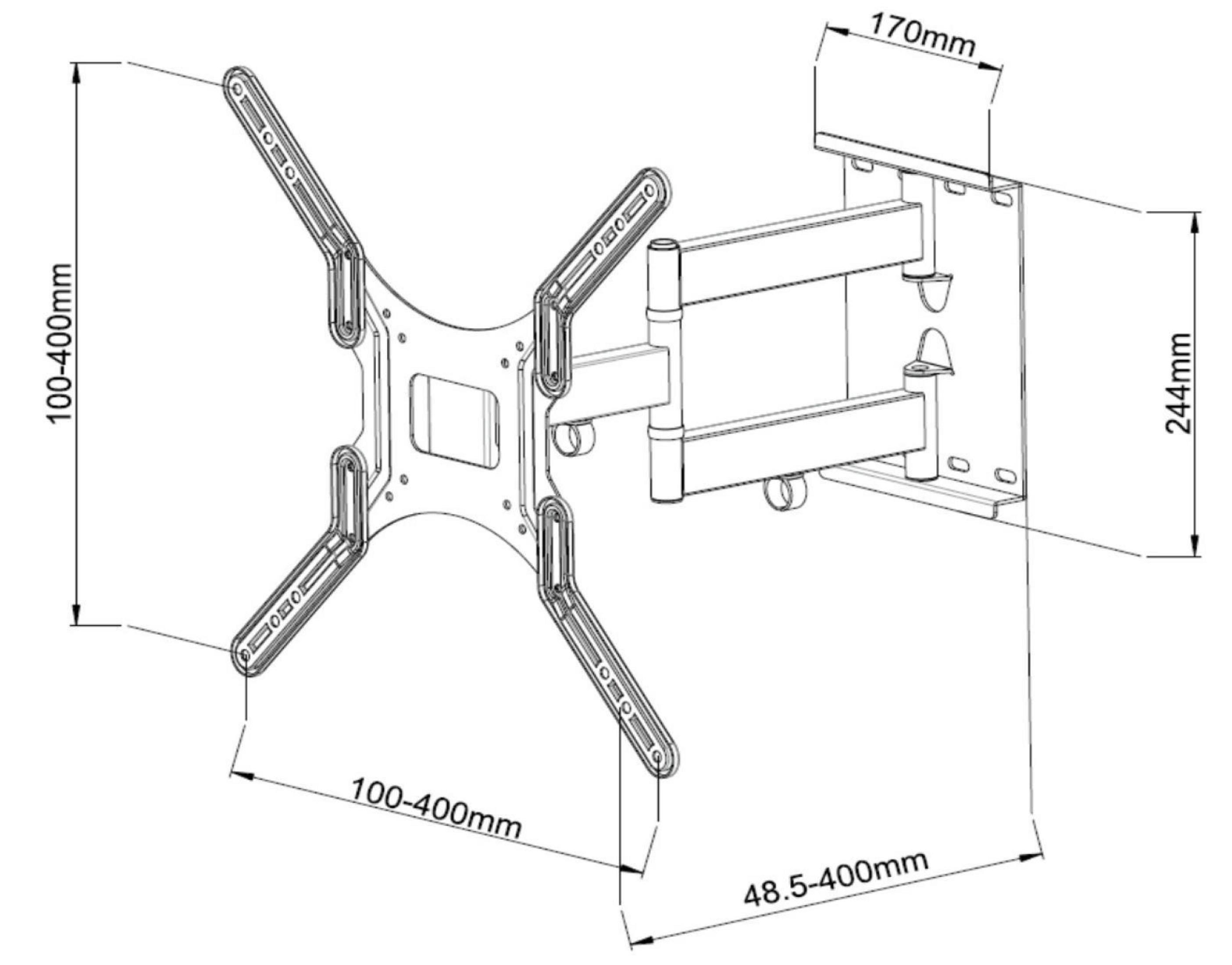 Diagrama de soporte de pared para TV con dimensiones en mm: 100-400mm, 170mm y 244mm.