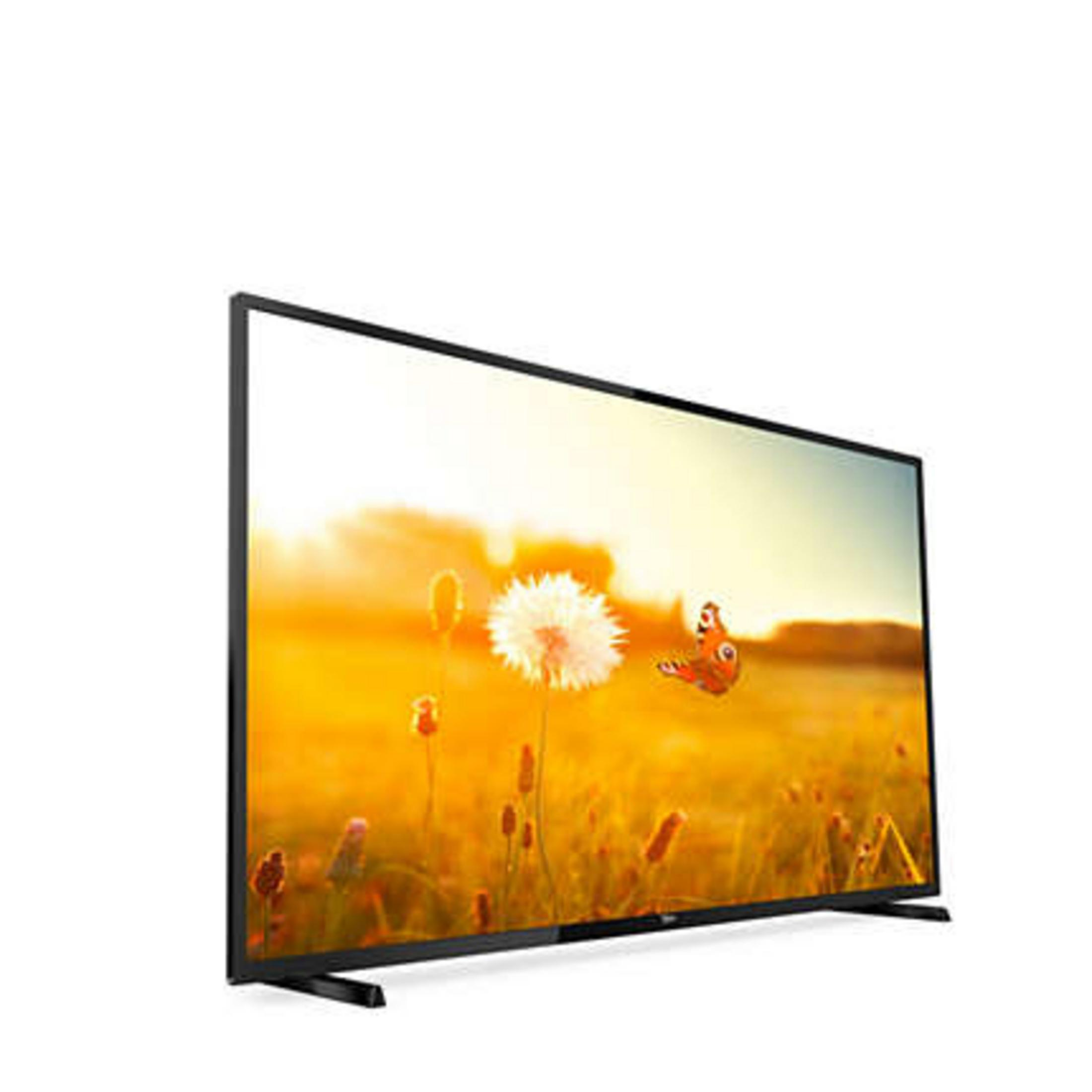 Ein Fernseher, der ein Blumenfeld mit einem Schmetterling zeigt, mit der Sonne im Hintergrund.