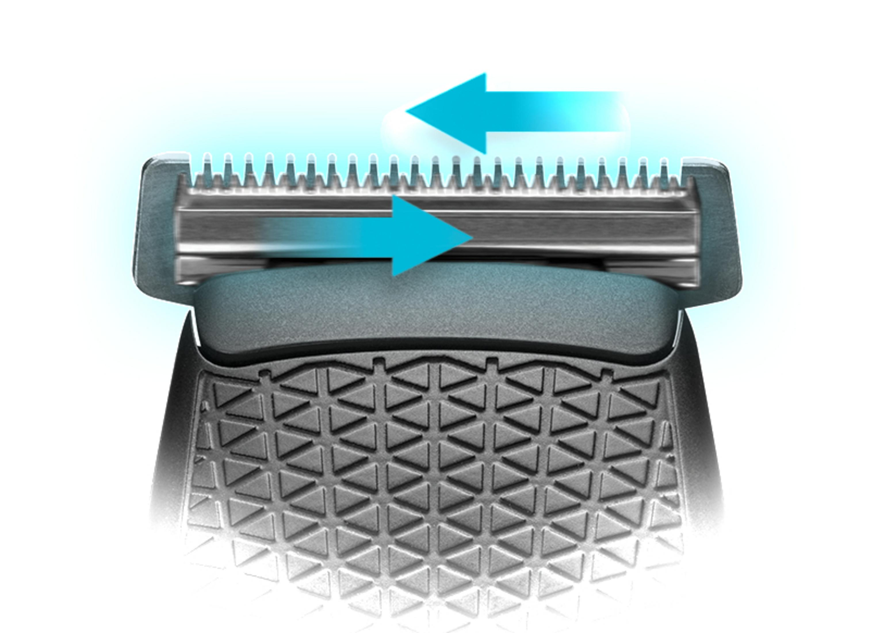 Zbliżenie głowicy golarki z dwiema strzałkami kierunkowymi, szare i niebieskie detale.