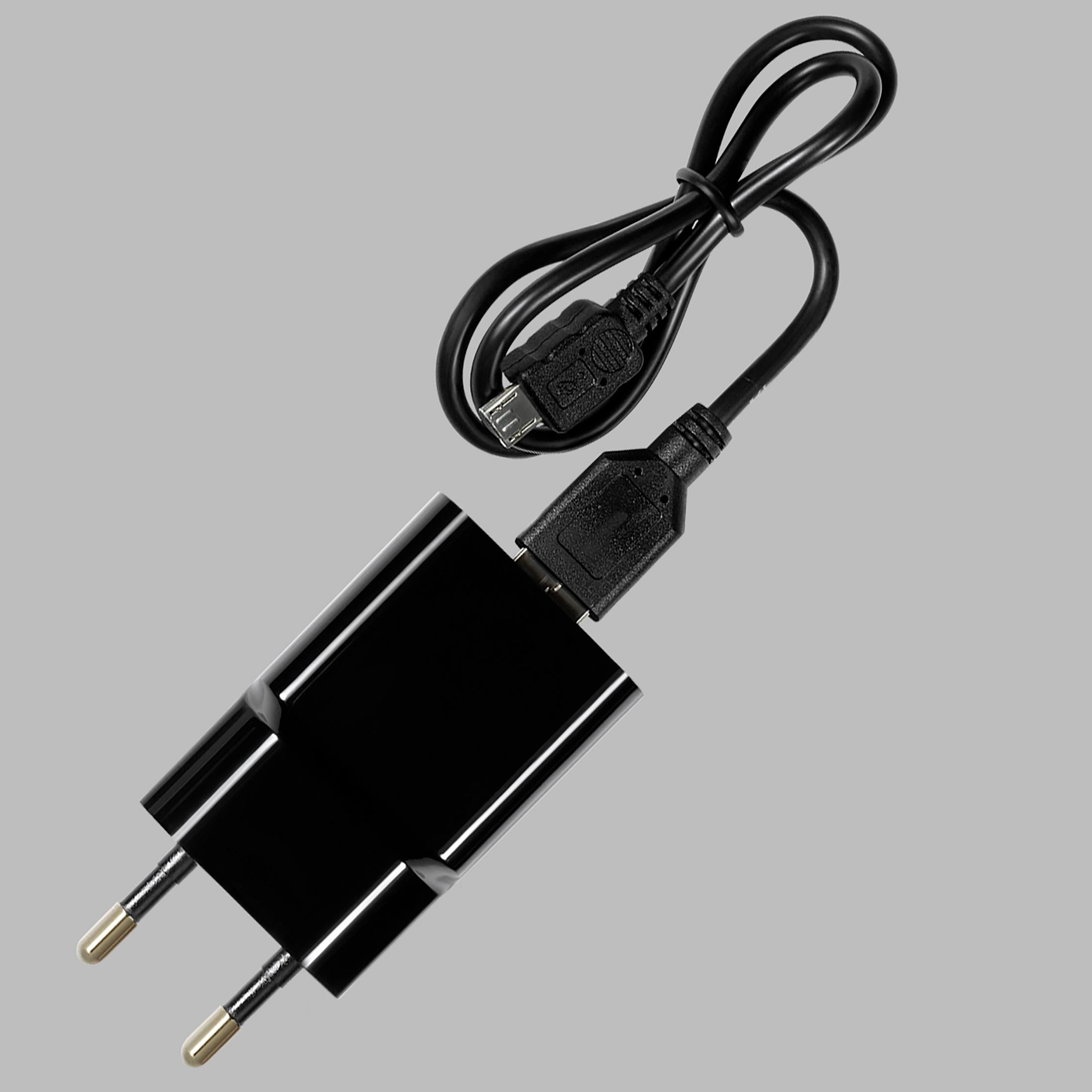 Czarna ładowarka z kablem i wtyczką dwubiegunową na jasnoszarym tle.
