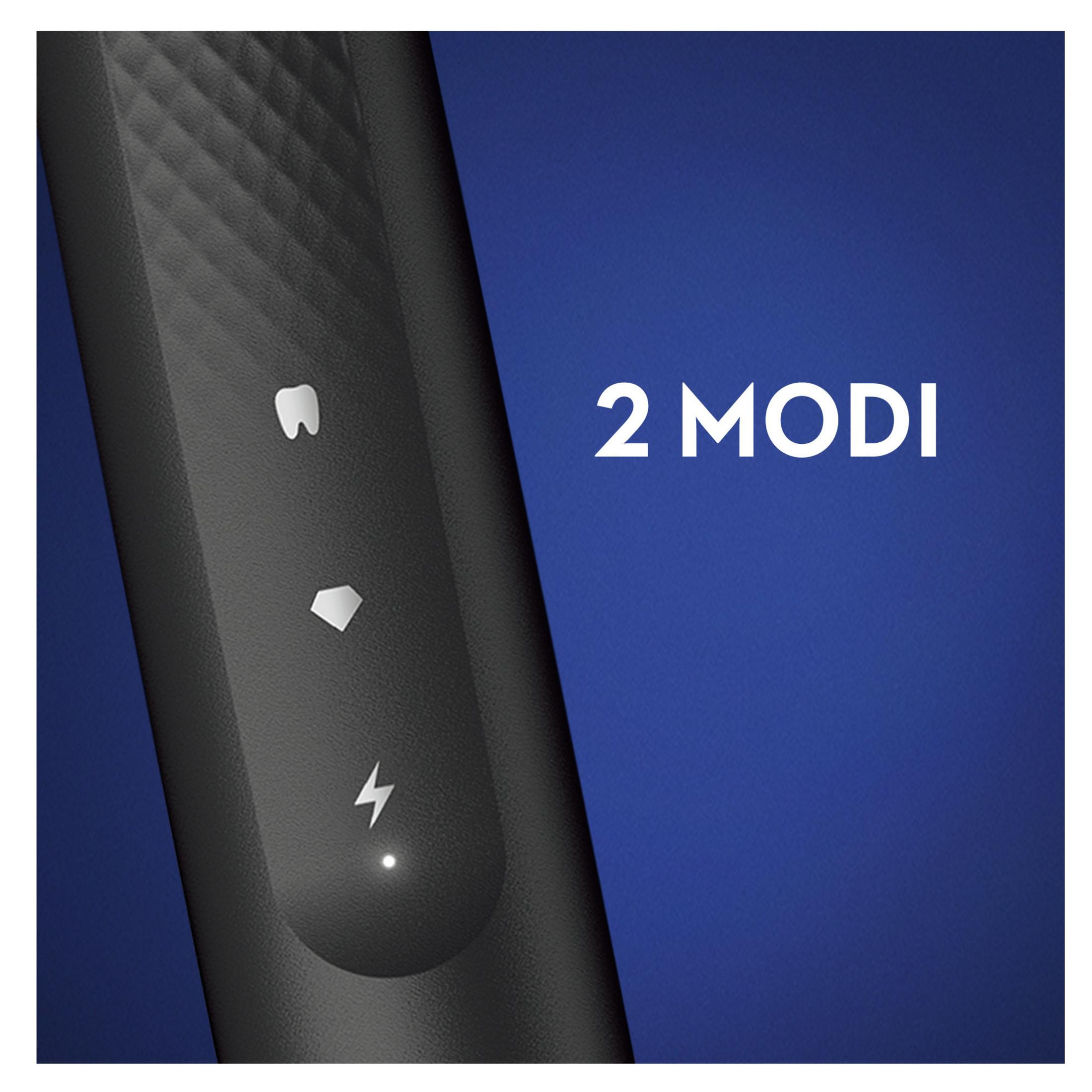 Zbliżenie czarnej elektrycznej szczoteczki do zębów z dwoma przyciskami trybu.