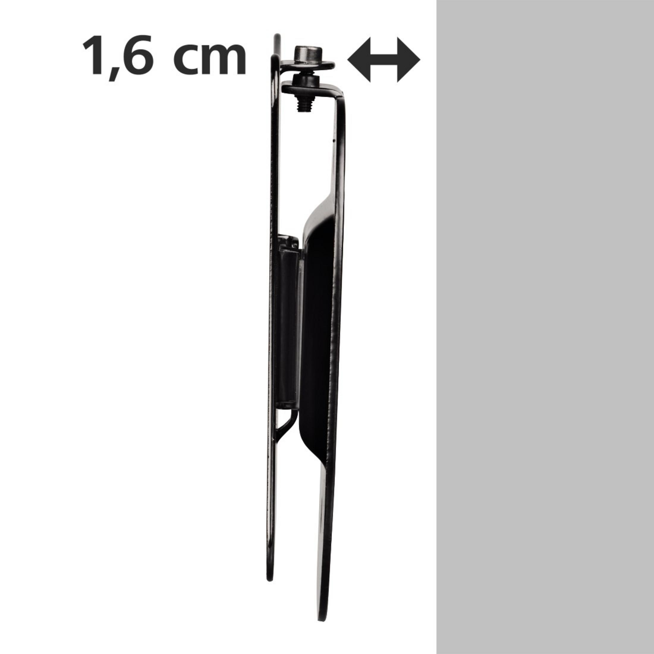 Vue latérale d'un support mural TV, montrant la distance de 1,6 cm du mur.