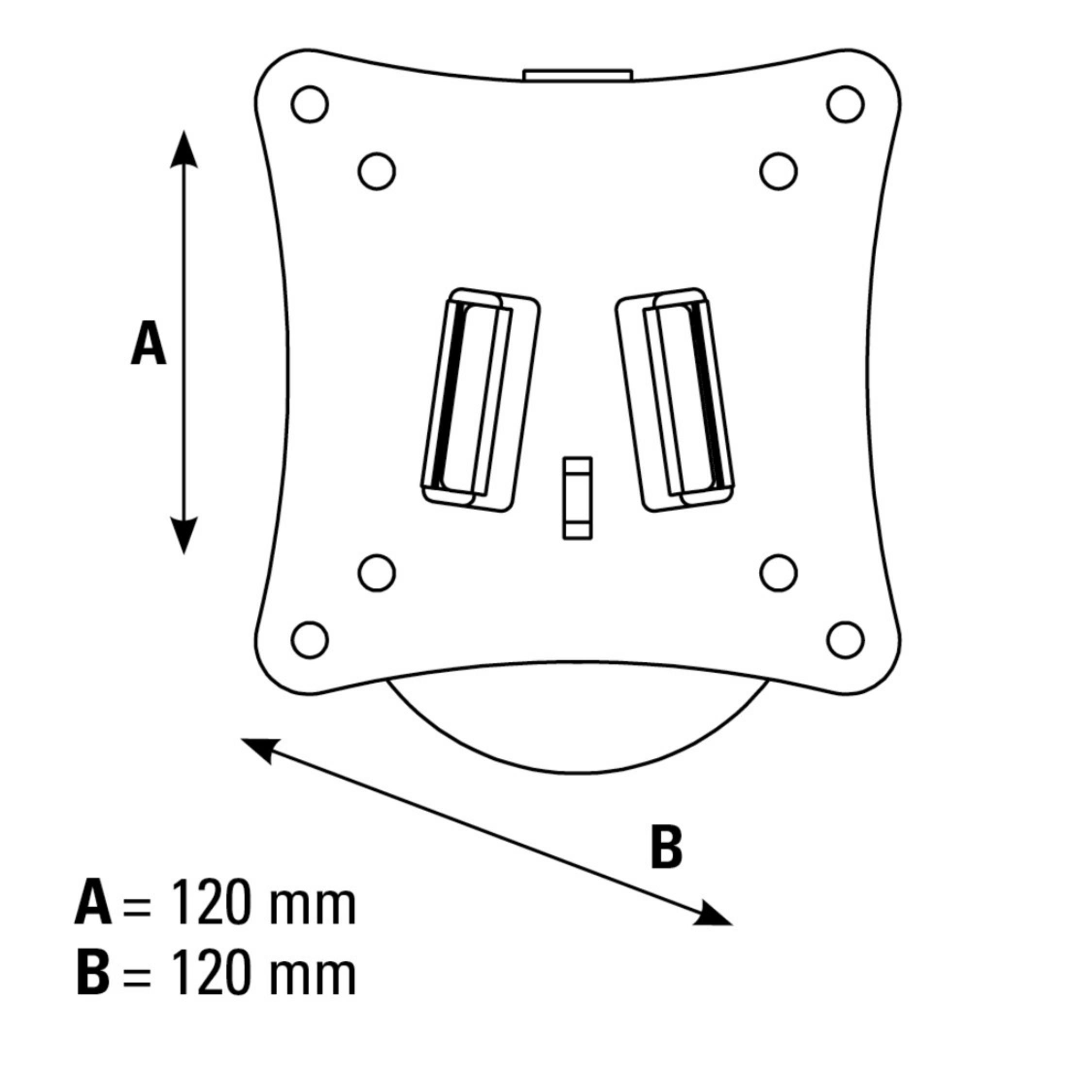 Metallhalterung mit zwei rechteckigen Teilen und den Maßen A=120mm, B=120mm.