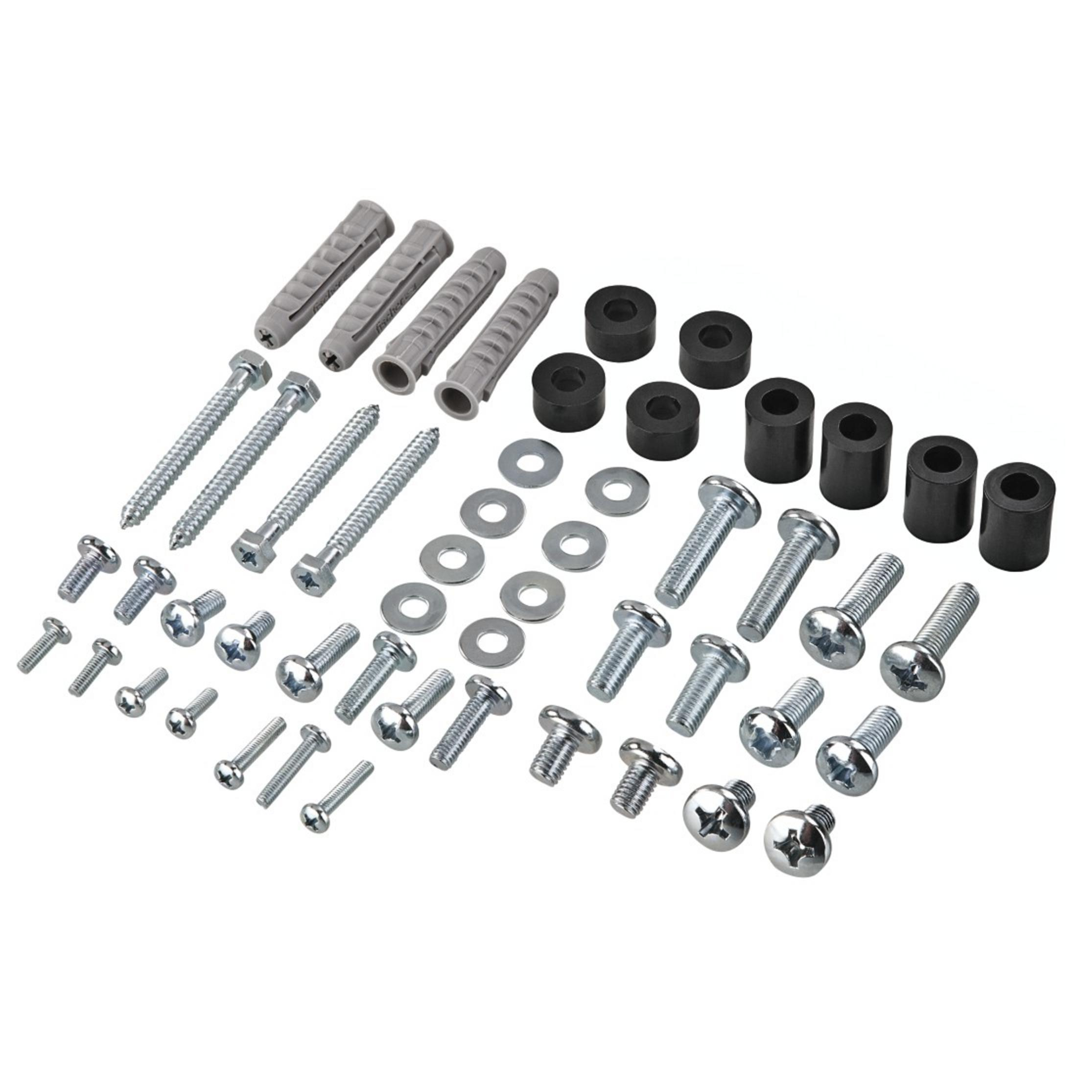 Różne śruby, śruby i podkładki ułożone na białej powierzchni. Niektóre szare, niektóre czarne.