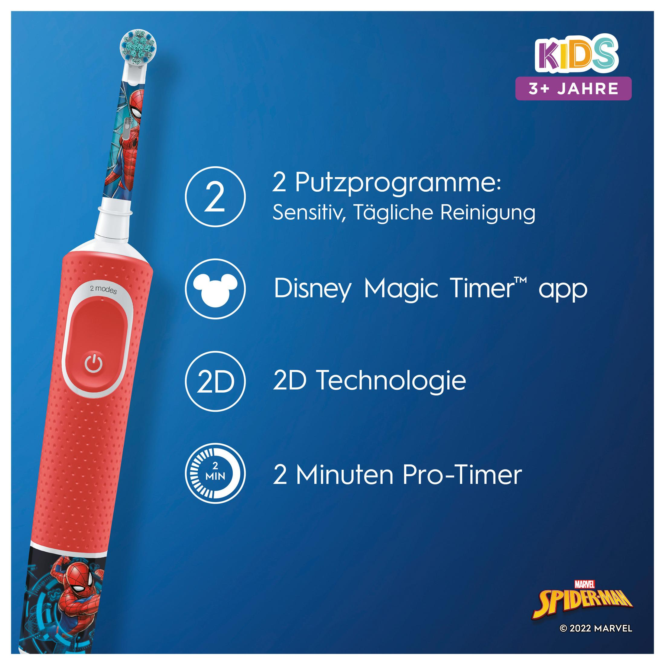 Spazzolino elettrico per bambini Spiderman rosso e blu con icone informative su sfondo blu.