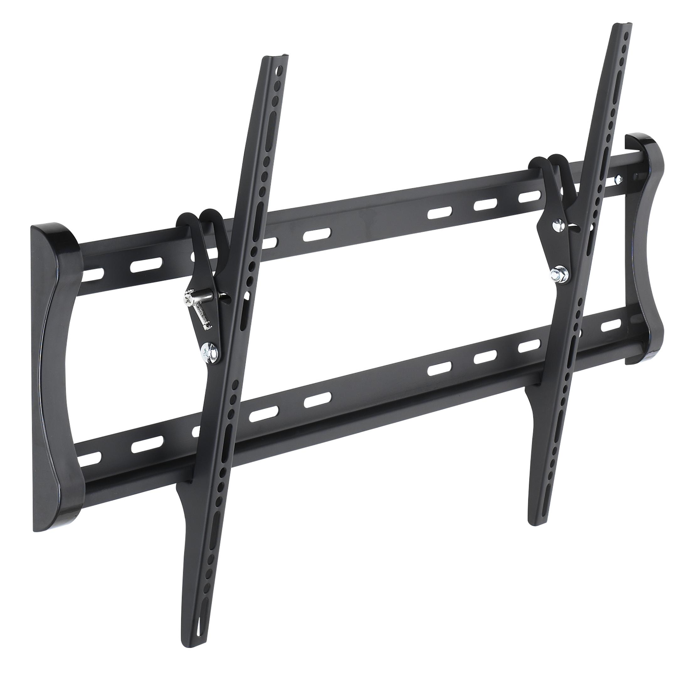 Un soporte de TV negro para montar en la pared, con barras de metal negro.