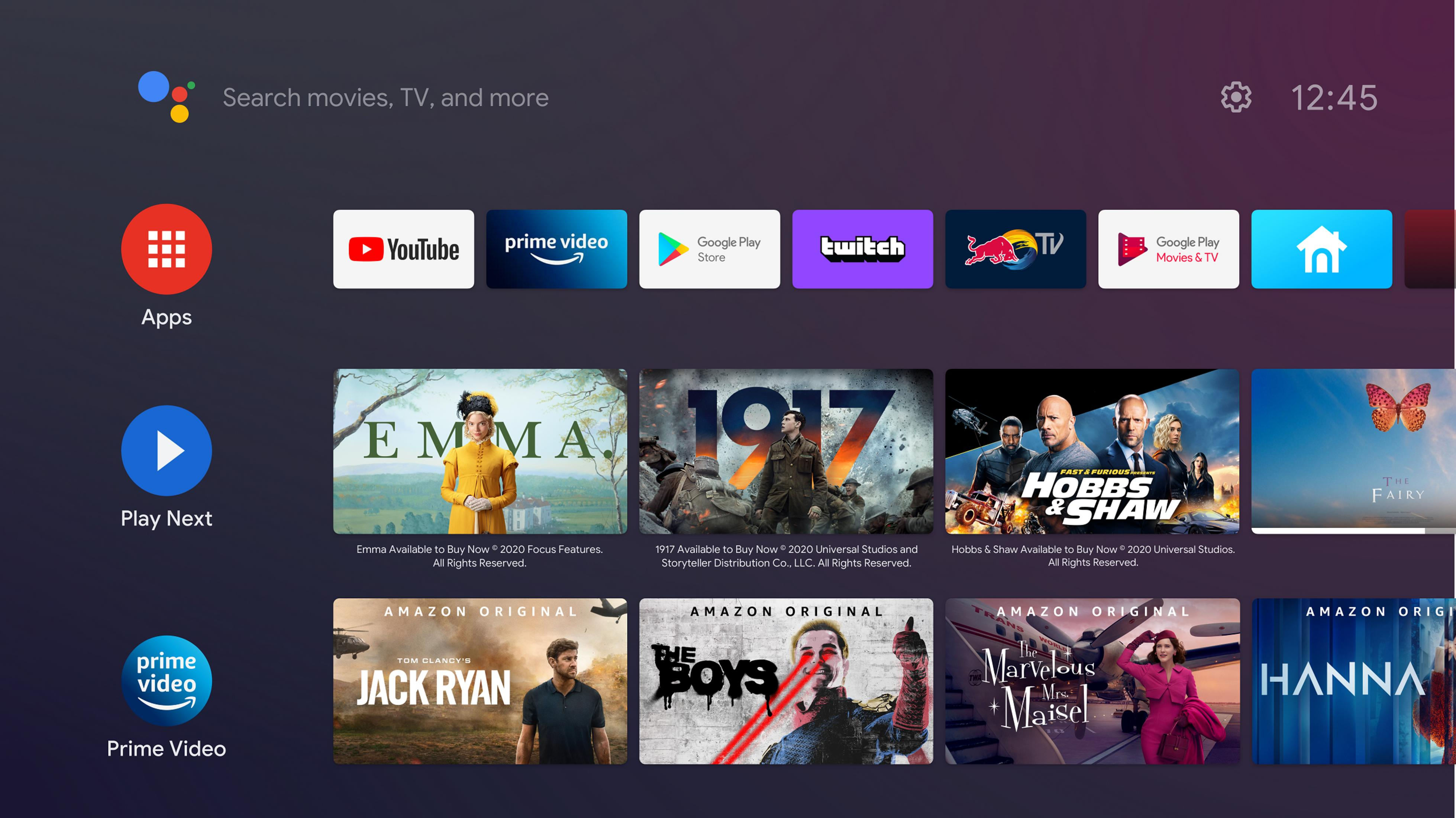 Schermata iniziale Smart TV che mostra app e consigli sui film.