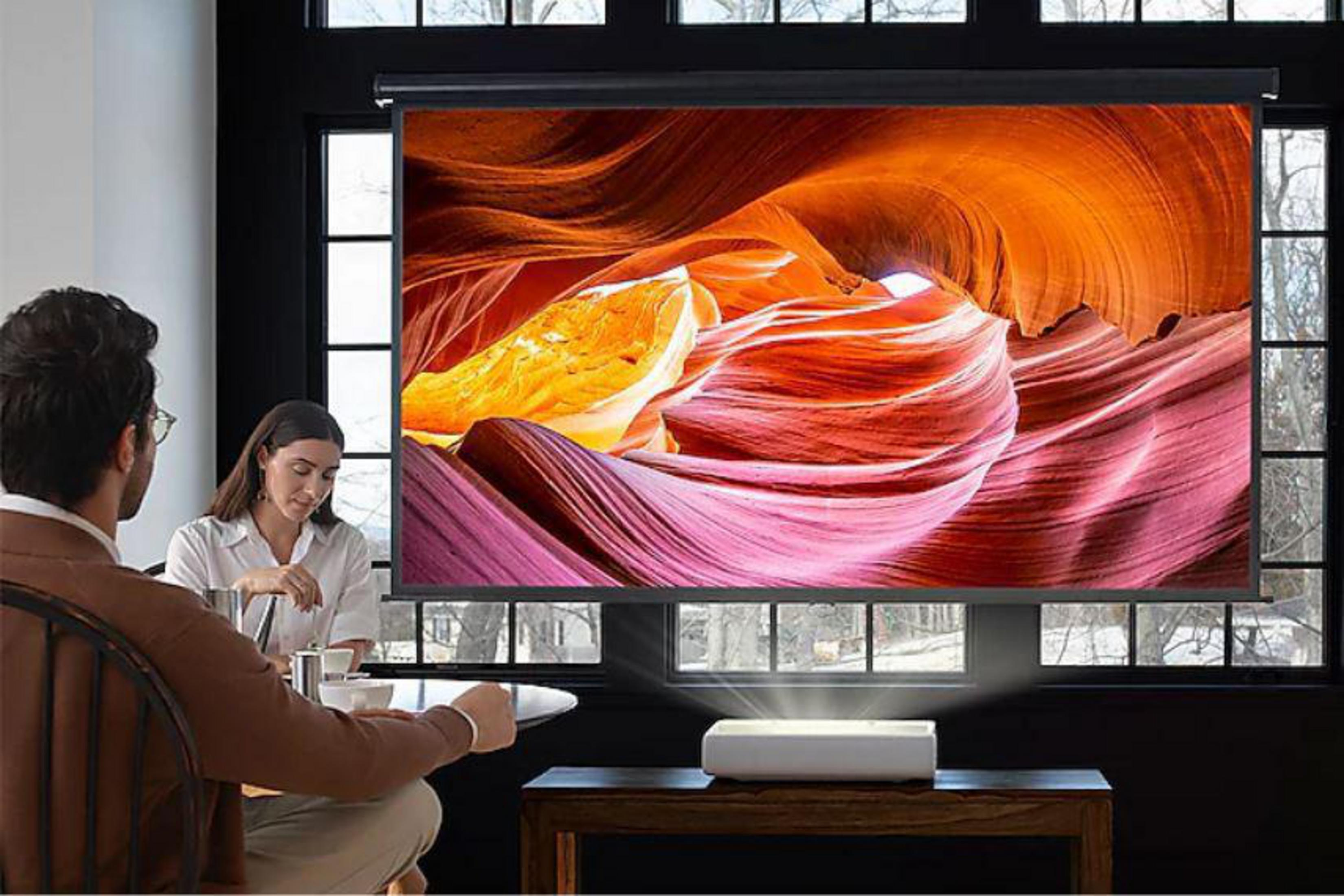 Zwei Personen sehen einen Film auf einer Leinwand mit buntem Canyonbild, dunkler Raum.
