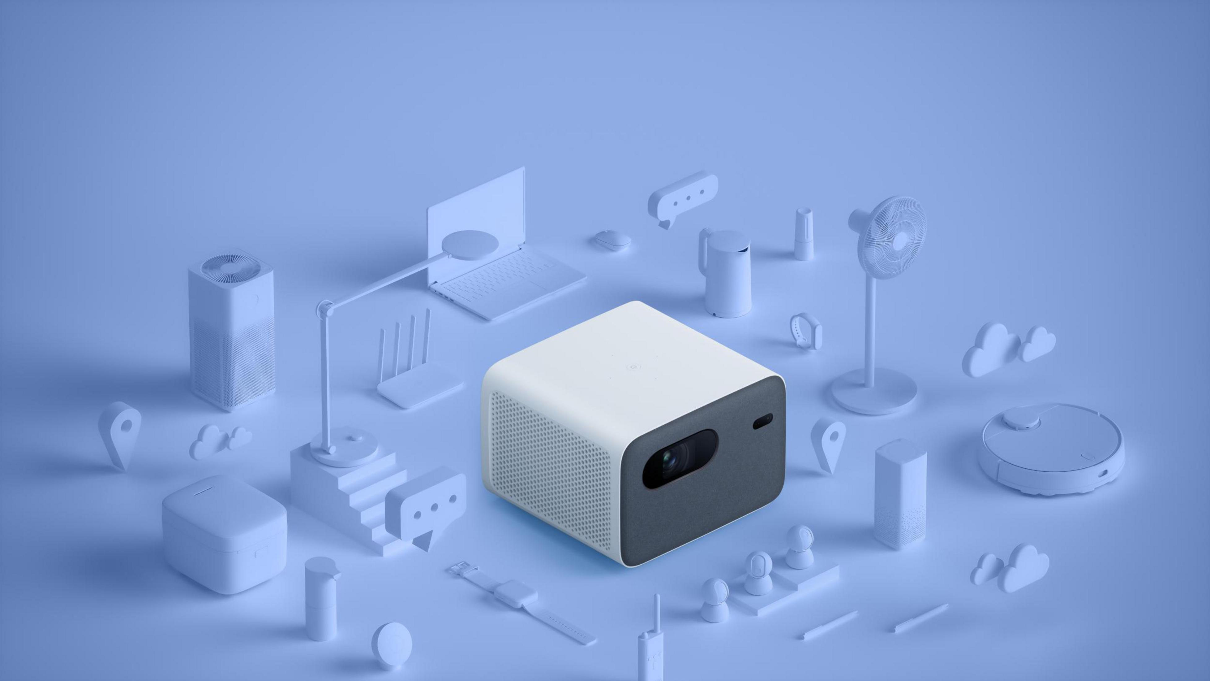 Un proyector blanco rodeado de varios objetos blancos sobre un fondo azul.