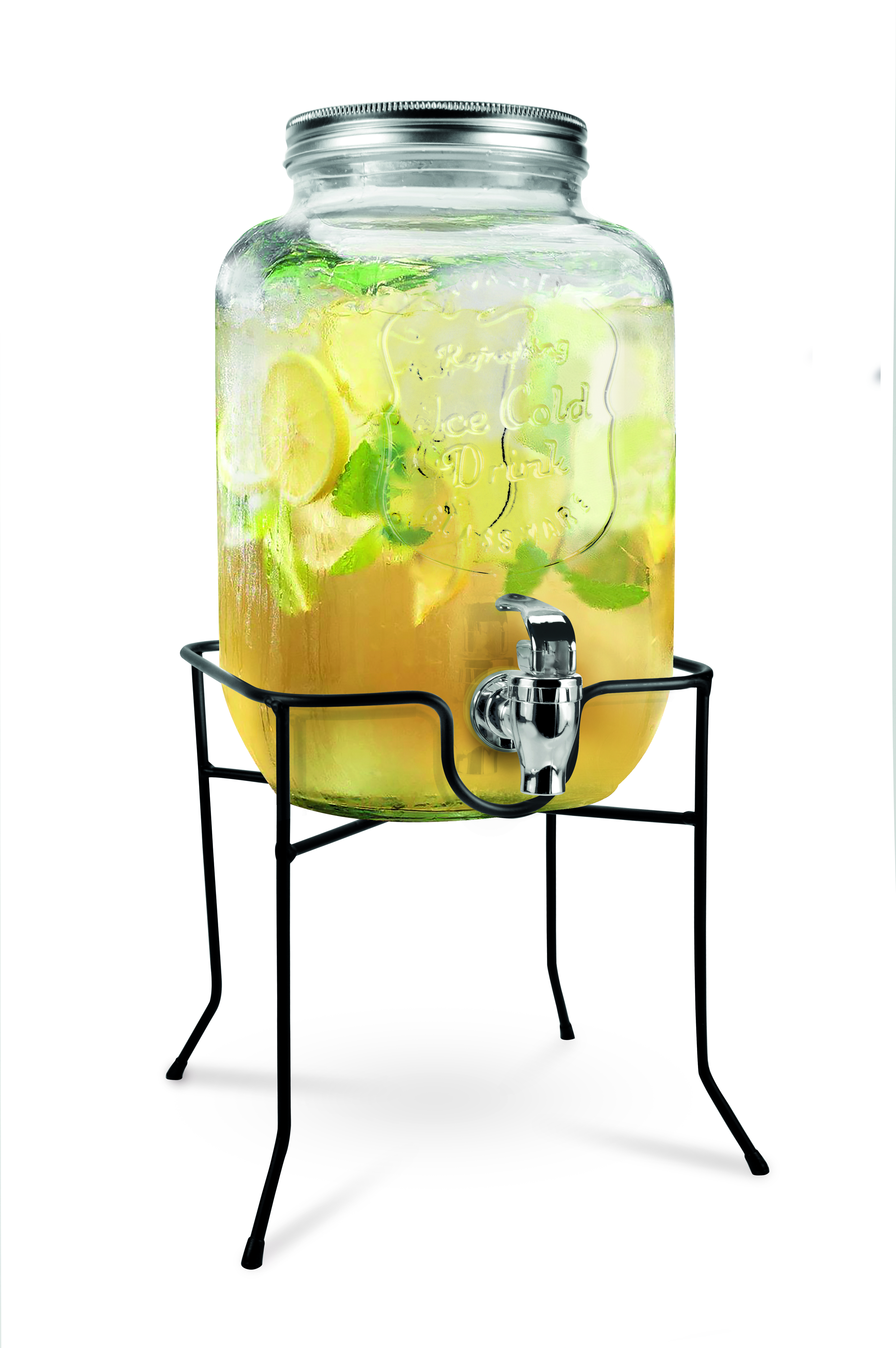Distributore di bevande in vetro con limonata e ghiaccio, su un supporto.