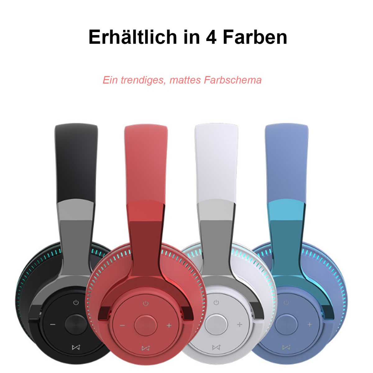 Vier verschiedenfarbige Kopfhörer: schwarz, rot, weiß und blau. Jedes mit einer Ein/Aus- und Lautstärketaste.
