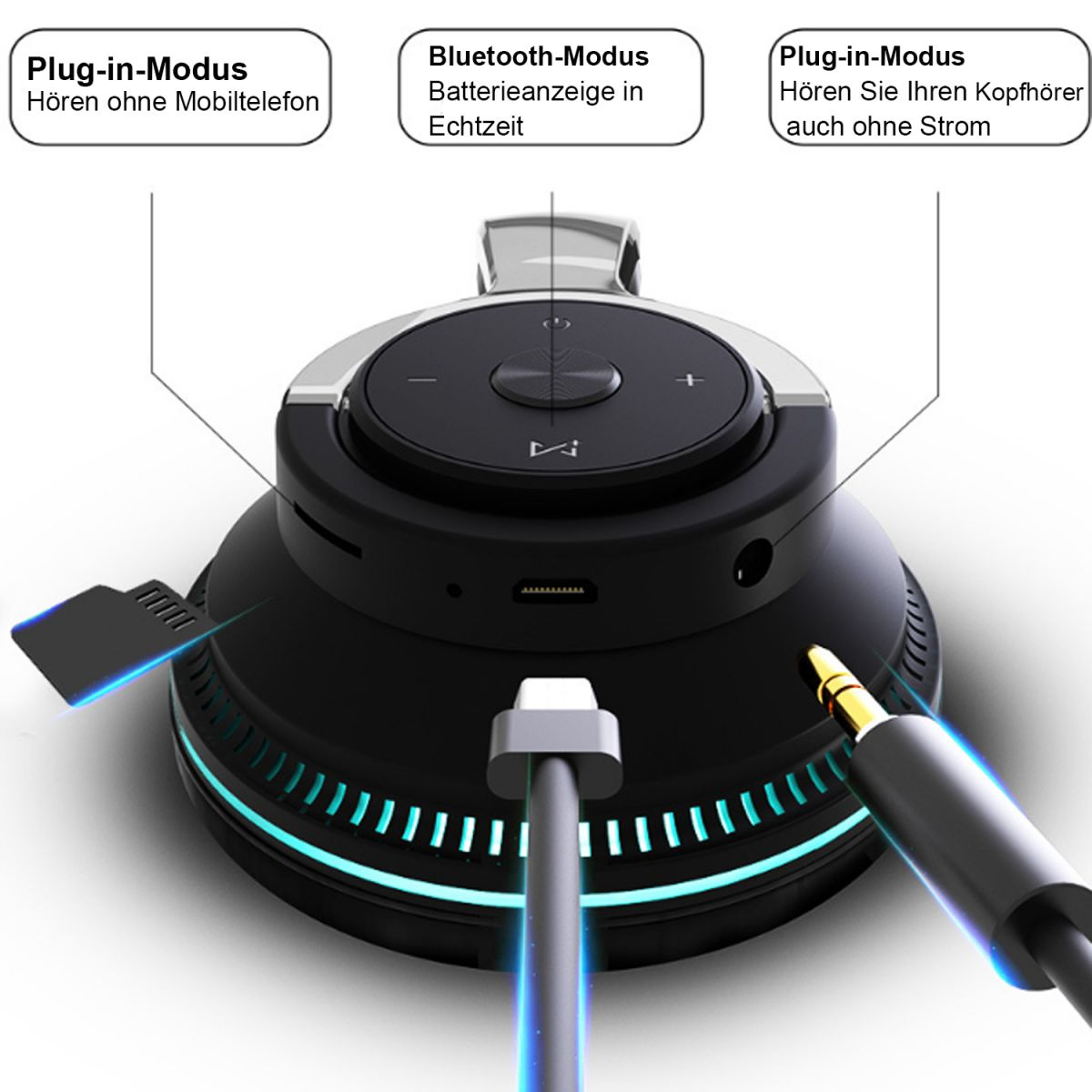 Kopfhörer mit verschiedenen Anschlussmöglichkeiten: Plug-in, Bluetooth und Kabel.