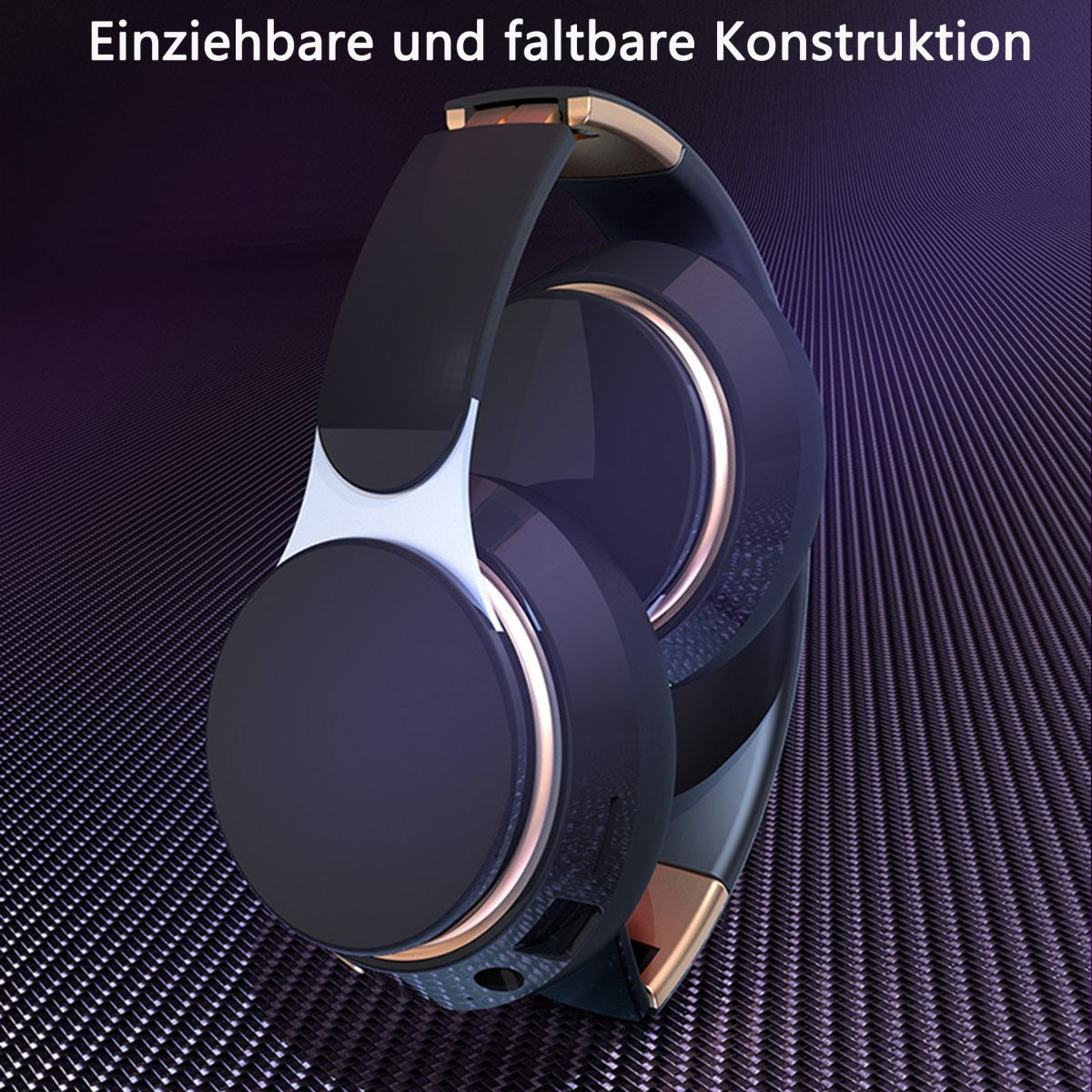 Faltbare schwarze Kopfhörer mit goldenen Akzenten, mit einem lila und schwarzen Hintergrund.