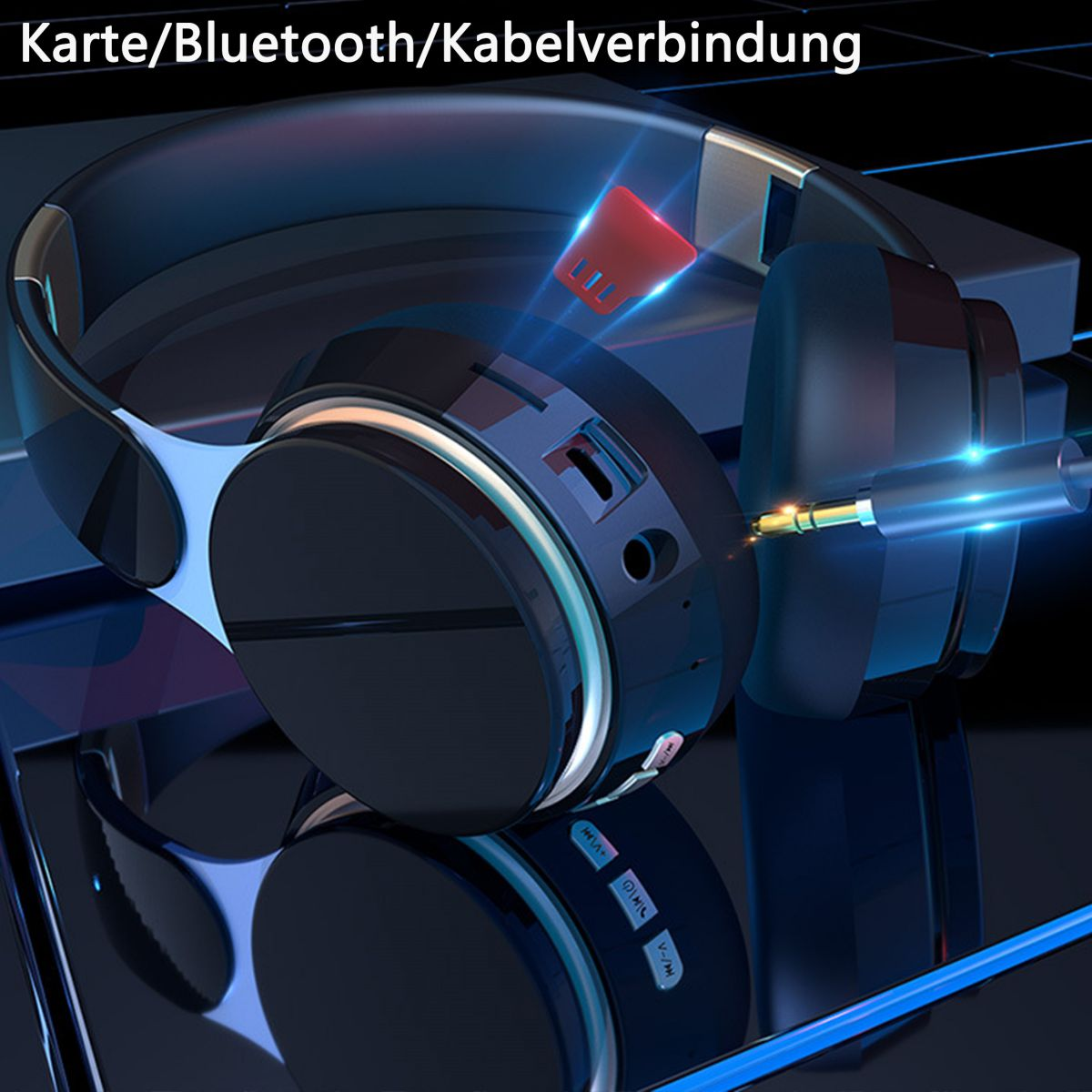Schwarze Kopfhörer mit Kabel und rotem Stecker, mit blauem Hintergrund.