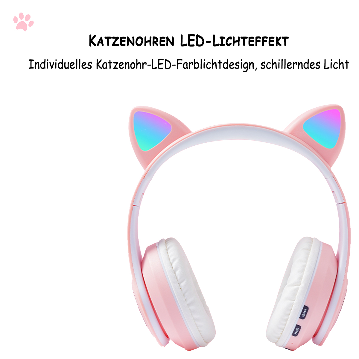 Rosa Katzenohr-Kopfhörer mit LED-Leuchten, weißen Ohrpolstern, auf weißem Grund.