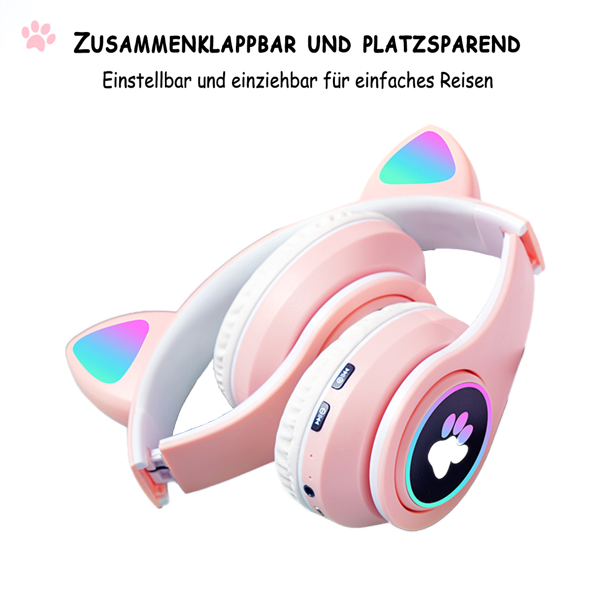 Rosa Katzenohr-Kopfhörer, gefaltet. Text: Zusammenklappbar und platzsparend. Einstellbar und einziehbar für einfaches Reisen.