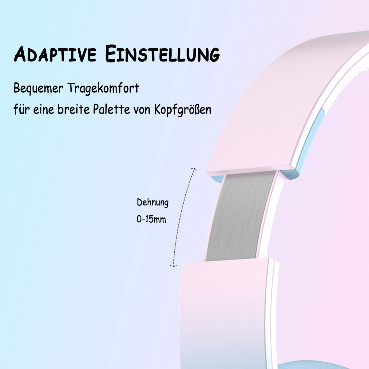 Słuchawki pokazujące biały design z tekstem opisującym komfort i regulację.
