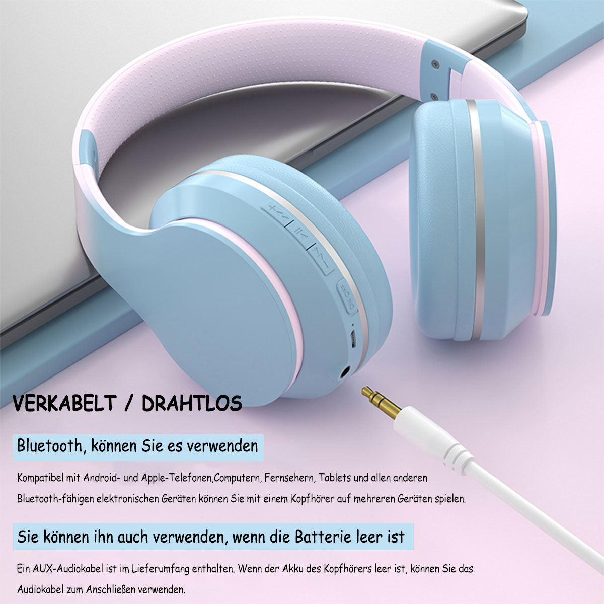 Memory-Schaumstoff, Bluetooth Faltbare, Over-ear Ohrenschützer Bluetooth KINSI Dunstblau aus Over-Ear-Kopfhörer, Headset