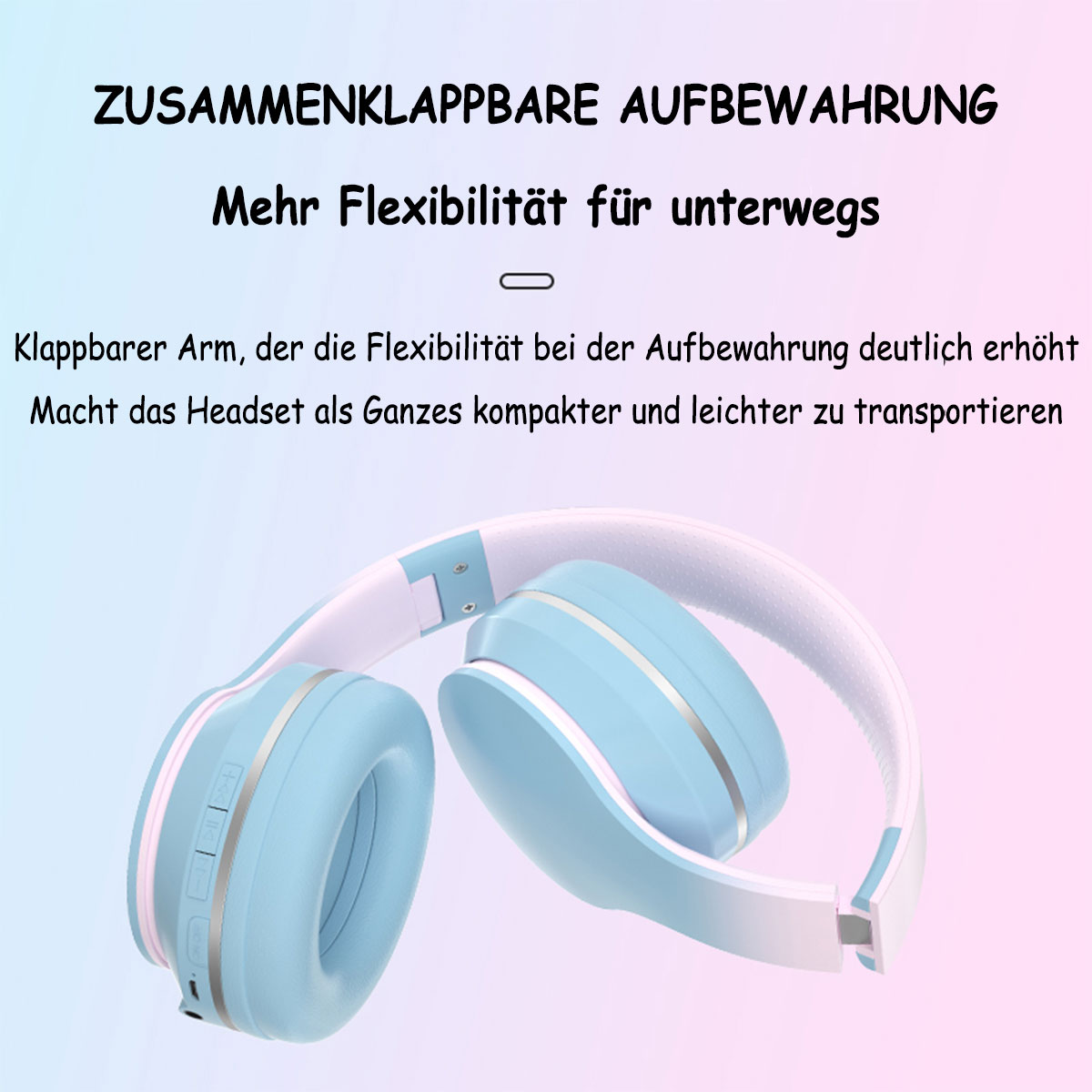 Niebieskie słuchawki z białym pałąkiem, złożone, na różowo-białym tle.