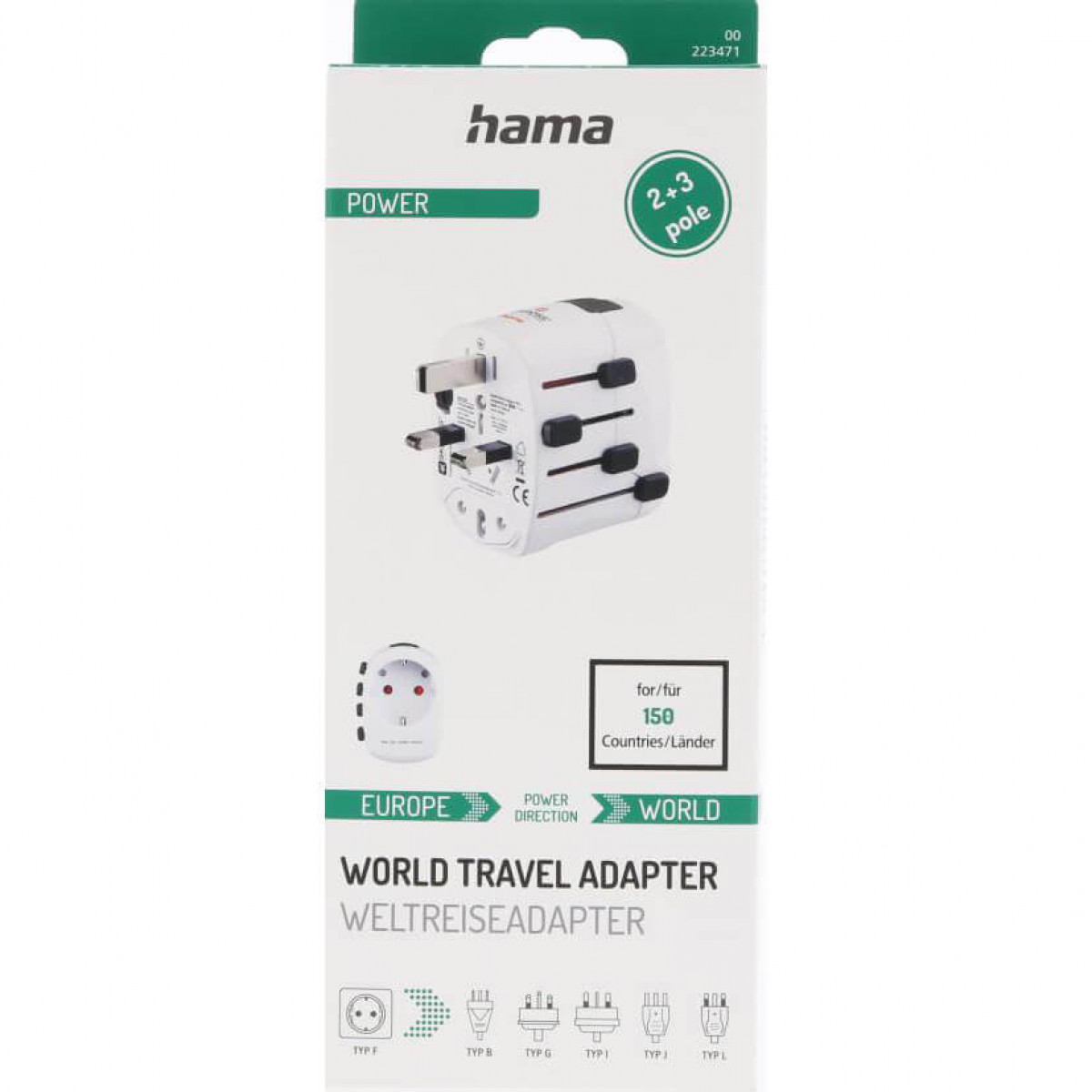 Weltreiseadapter in der Box. Adapter hat mehrere Stecker, für verschiedene Länder.