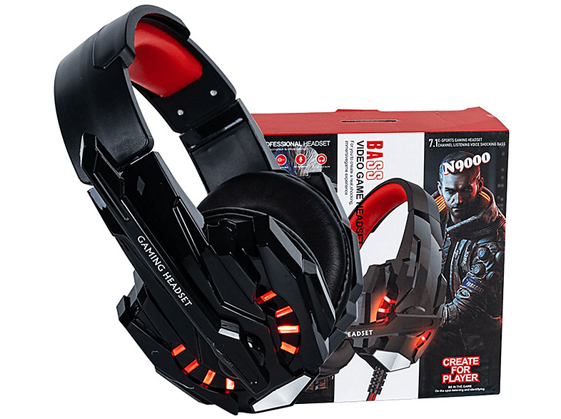 Glühend KINSI Kopfhörer,7.1 Gaming-Headset,Kabelgebundene rot Kopfhörer Toneffekte,Stereokopfhörer, Over-ear