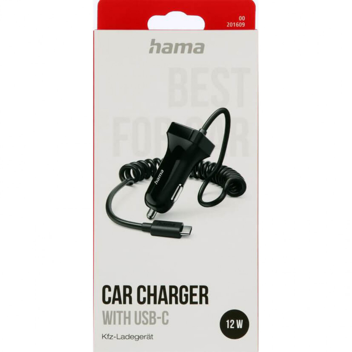 Ein Kfz-Ladegerät mit USB-C, schwarz mit Spiralkabel, in weißer Verpackung.