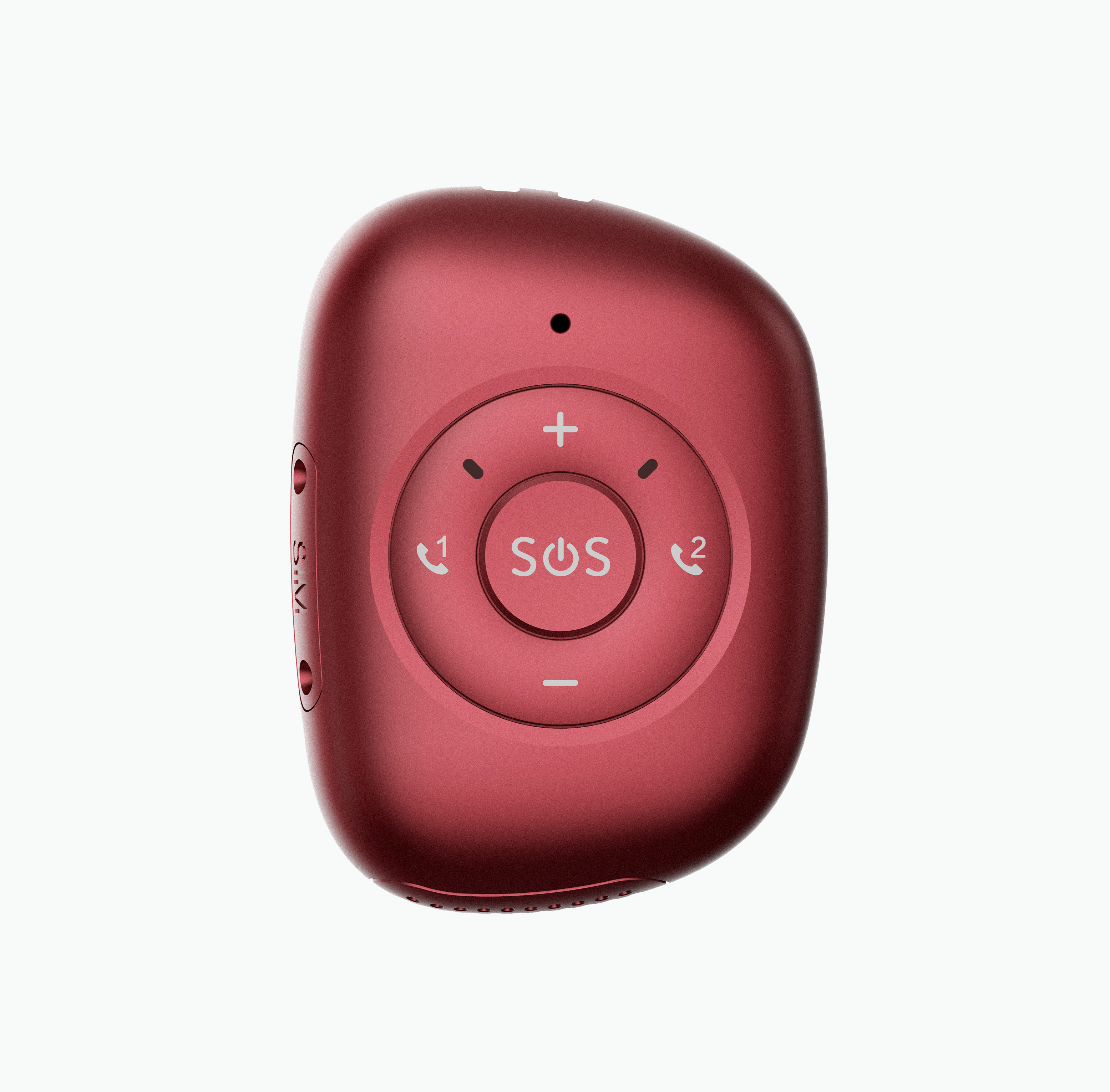 Un dispositivo SOS rojo y redondeado con botones. Tiene un botón SOS, un botón más y menos, y dos botones de llamada.