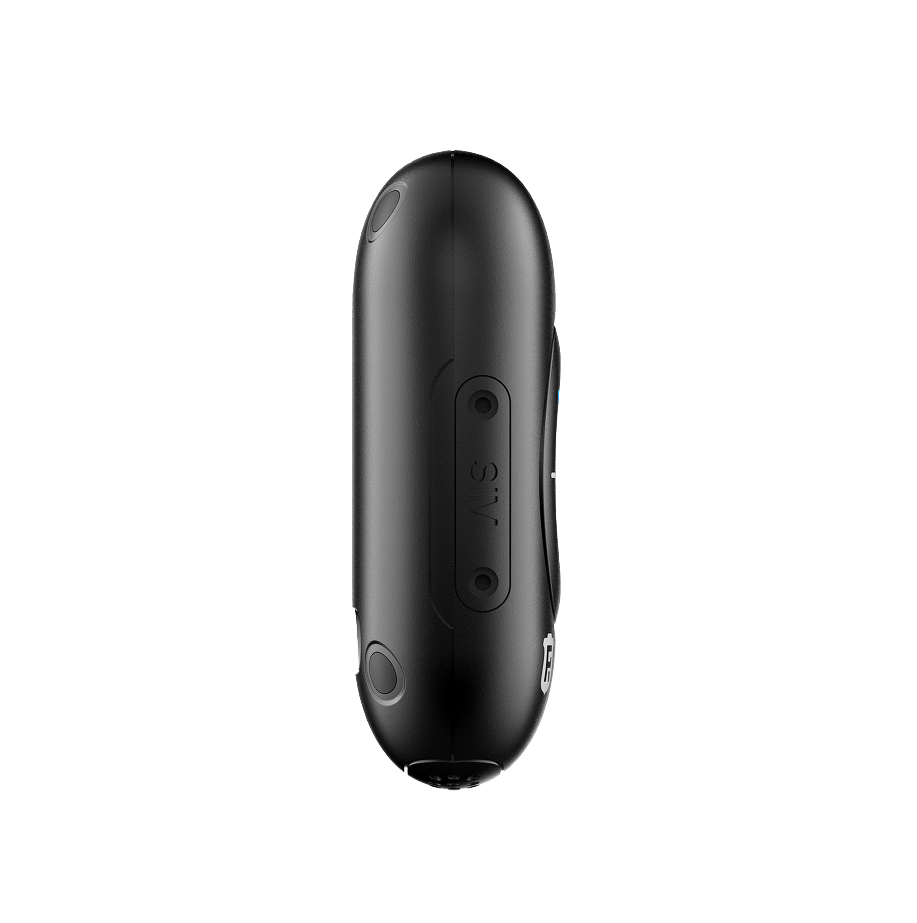 Dispositivo negro, una mini cámara o grabadora, con un solo botón y puertos en el lateral.