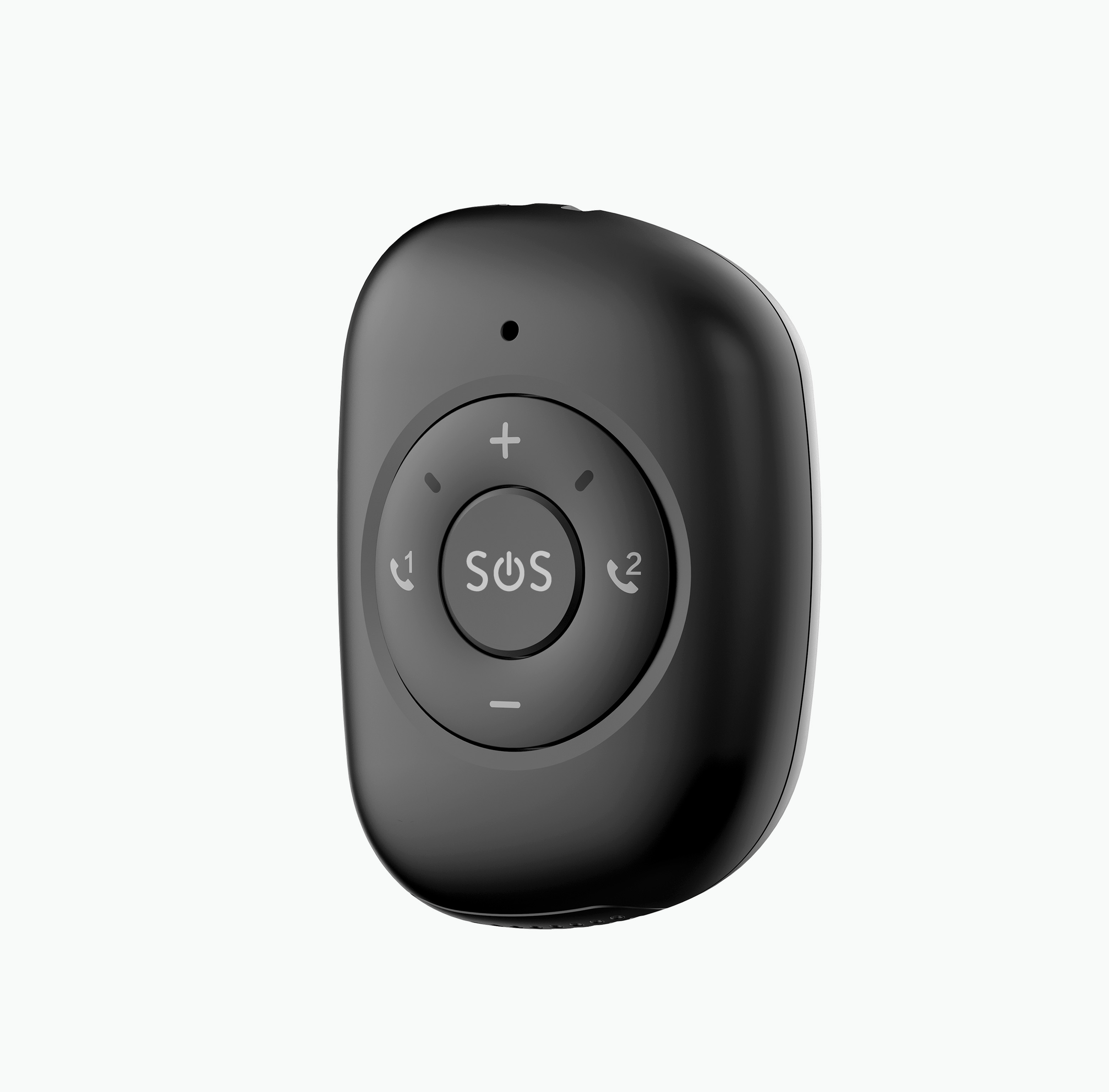 Un botón SOS negro con controles de volumen e iconos de teléfono sobre un fondo blanco.