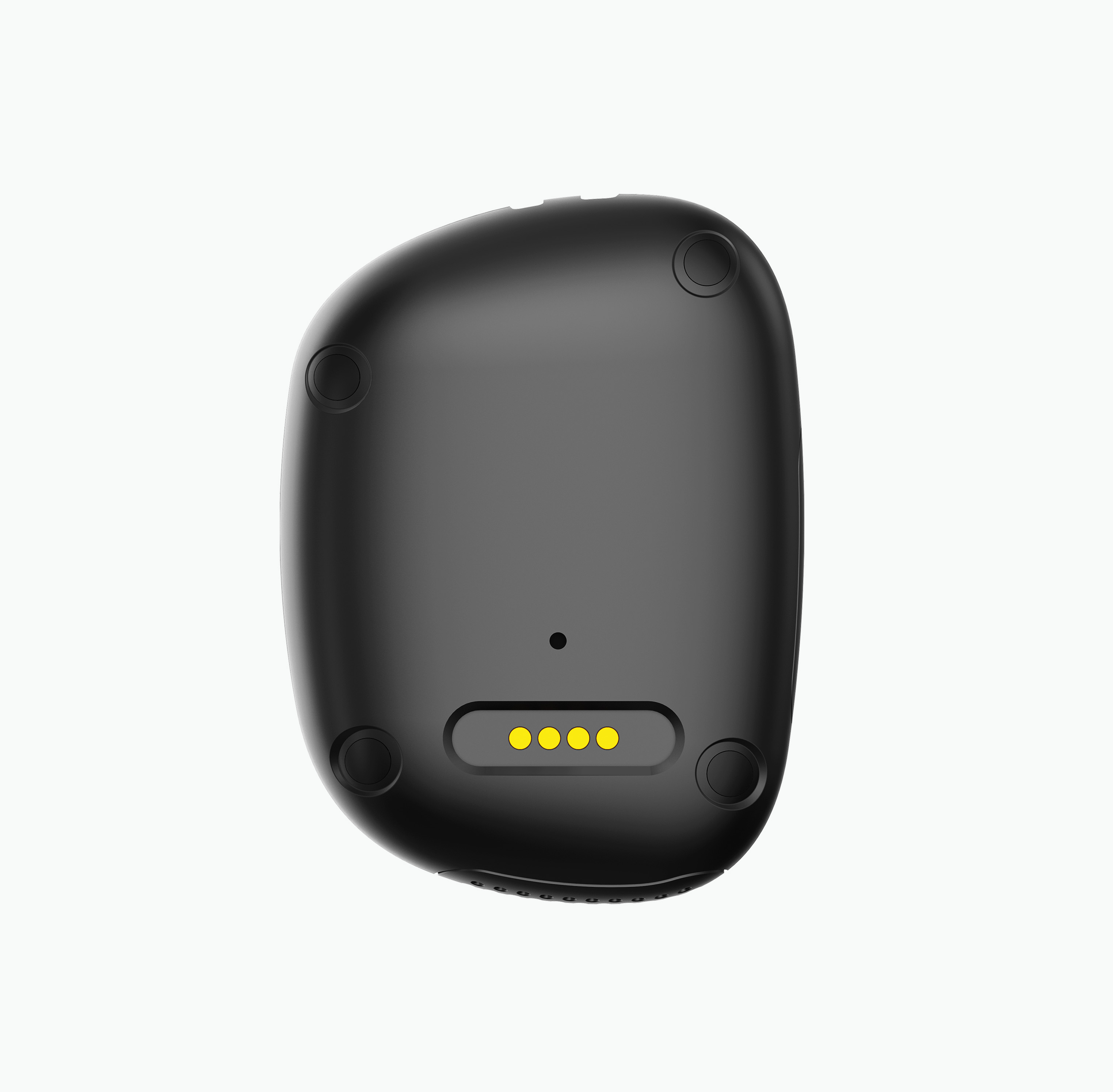 Dispositivo negro con puntos de carga amarillos sobre un fondo blanco. Tiene cuatro patas circulares.