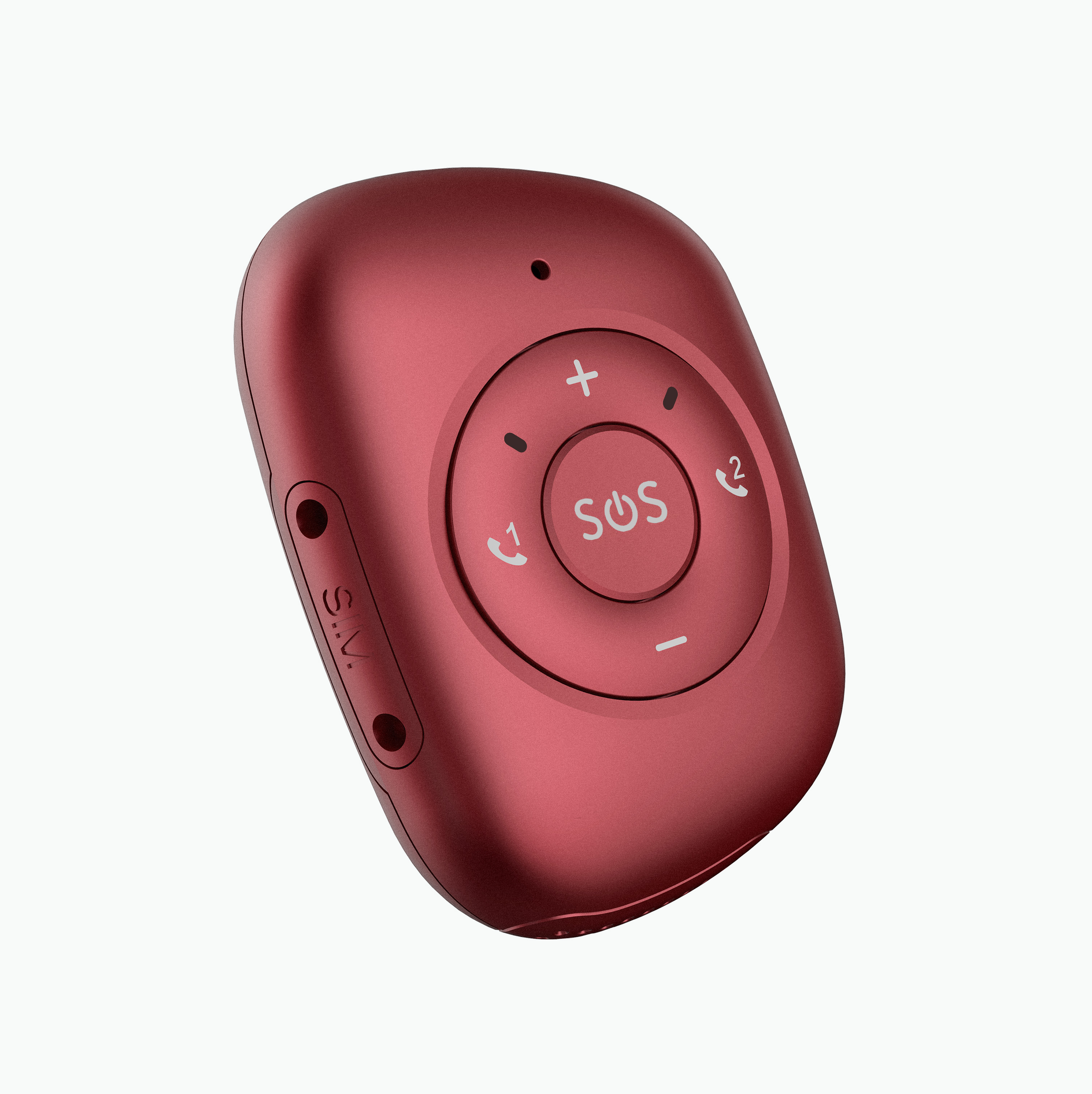 Un dispositivo rojo en forma ovalada con botones y la palabra 'SOS'. Tiene un orificio para cordón.