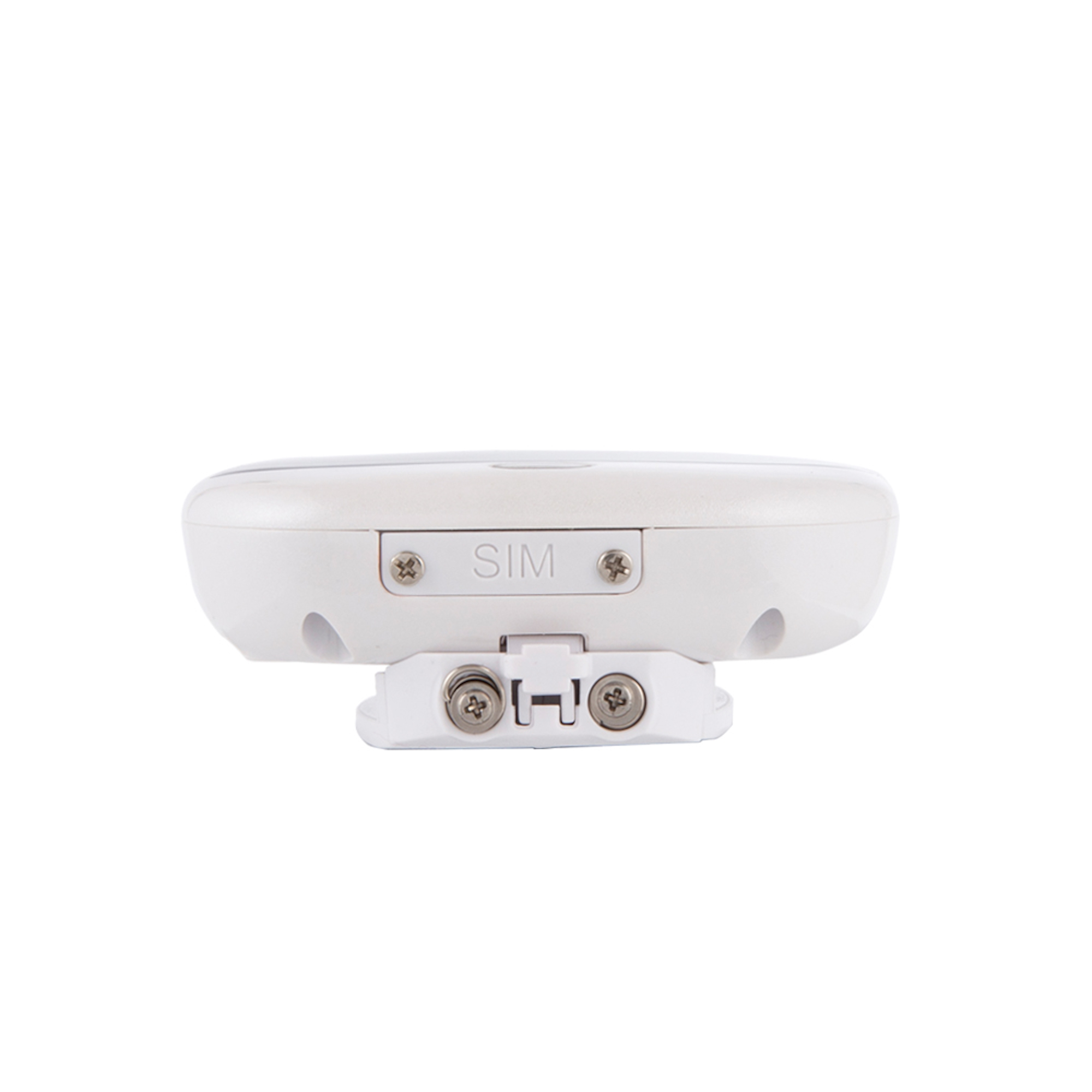 Dispositivo blanco con ranura SIM y conector. Aislado sobre fondo blanco.