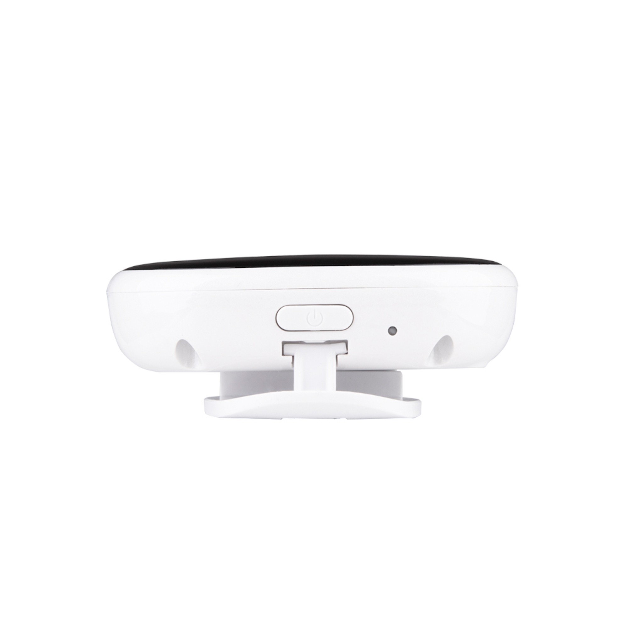 Dispositivo blanco con un botón y dos orificios, con un soporte blanco, visto desde abajo.