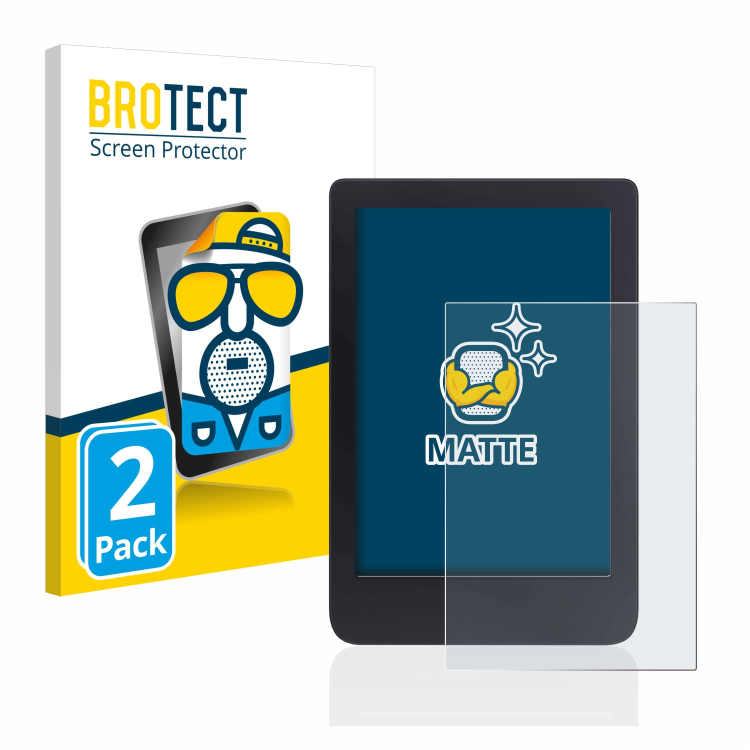 E-Reader mit Displayschutzfolie und Verpackung. Auf der Verpackung steht BROTECT Screen Protector und 2 Pack.