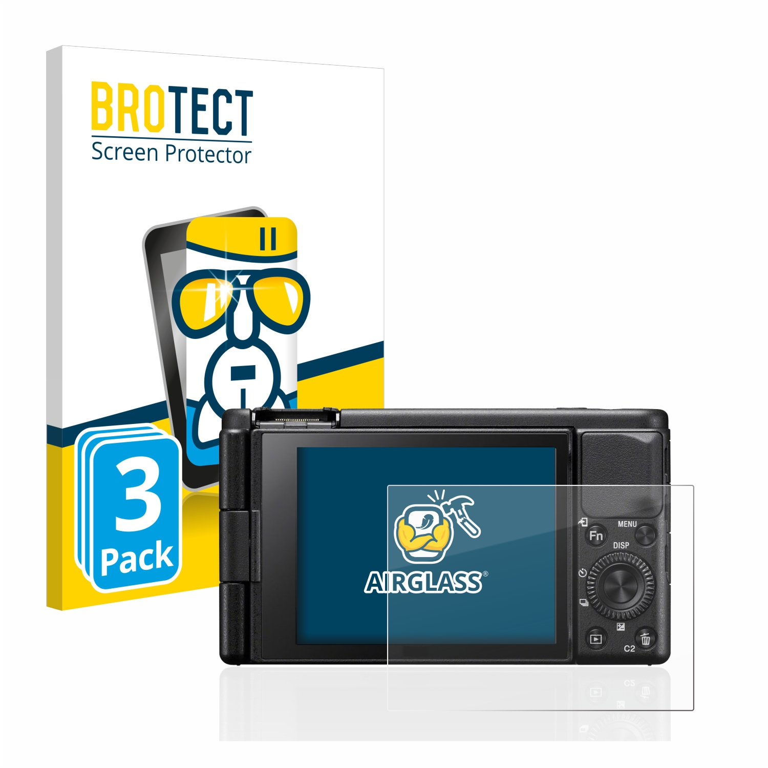 Kamera mit Displayschutz und Box. Text auf der Box: BROTECT Screen Protector, Airglass.