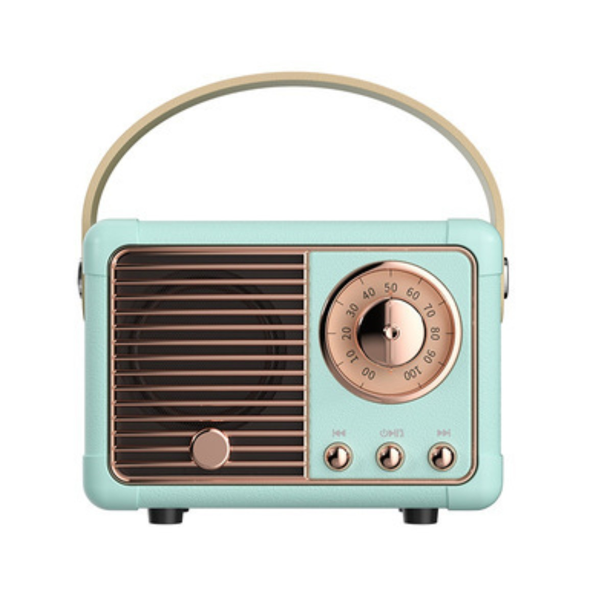 Ein Radio im Retro-Stil in Mintgrün mit goldenen Akzenten und einem braunen Griff.