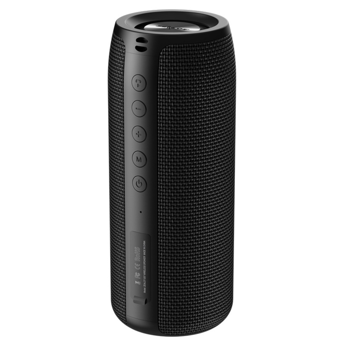 Ein schwarzer, zylindrischer Bluetooth-Lautsprecher mit Knöpfen. Der Hintergrund ist weiß.