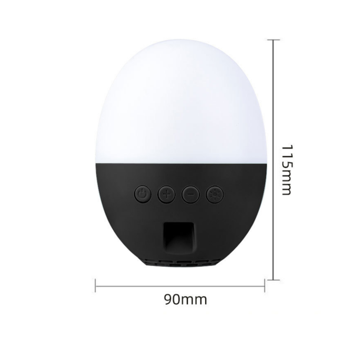 Eine ovale Lampe mit schwarzem Fuß und weißem Oberteil, mit Bedienelementen.