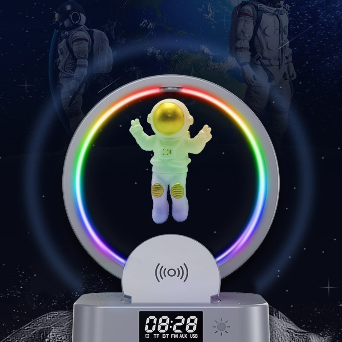 Astronautenlampe mit Regenbogenringlicht. Astronautenfigur vor Weltraumhintergrund.