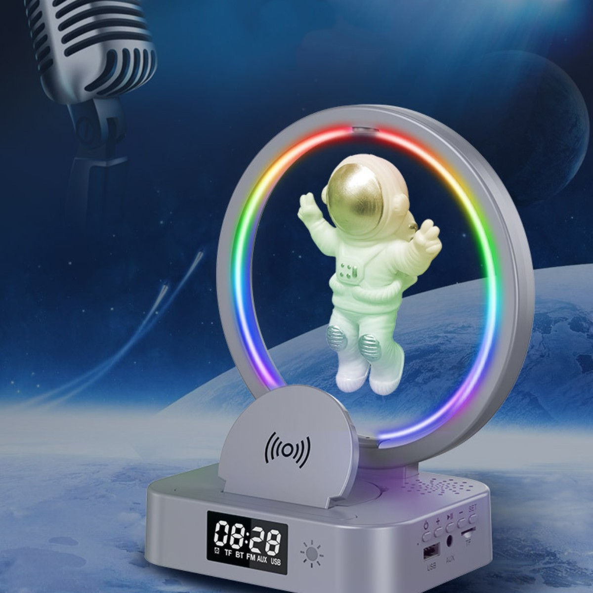 Eine futuristische Lampe im Weltraum-Thema mit einer leuchtenden Astronautenfigur und einem farbenfrohen Ringlicht.