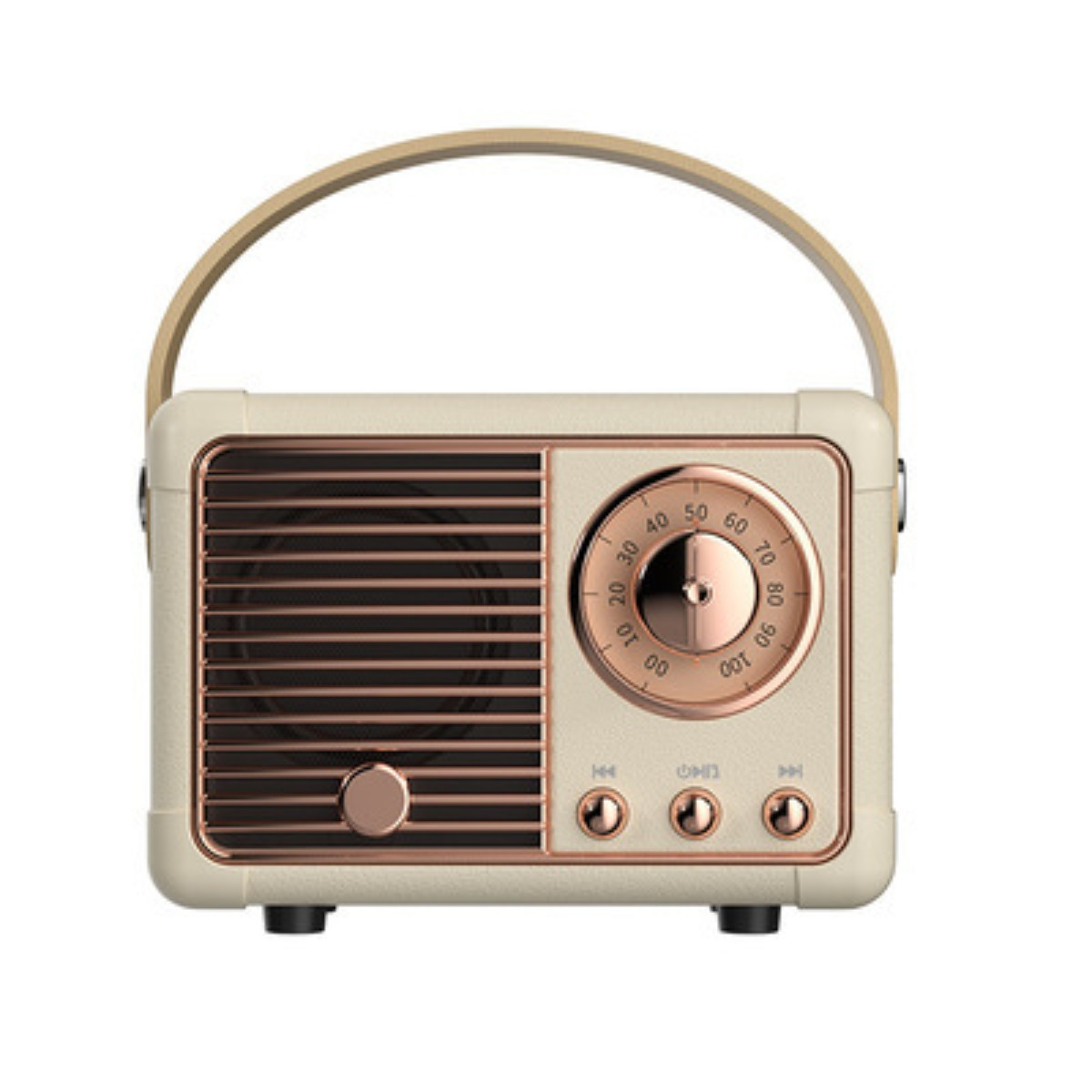 Ein Radio im Vintage-Stil, cremefarben, mit einem roségoldenen Lautsprechergrill und Bedienelementen auf der Vorderseite.