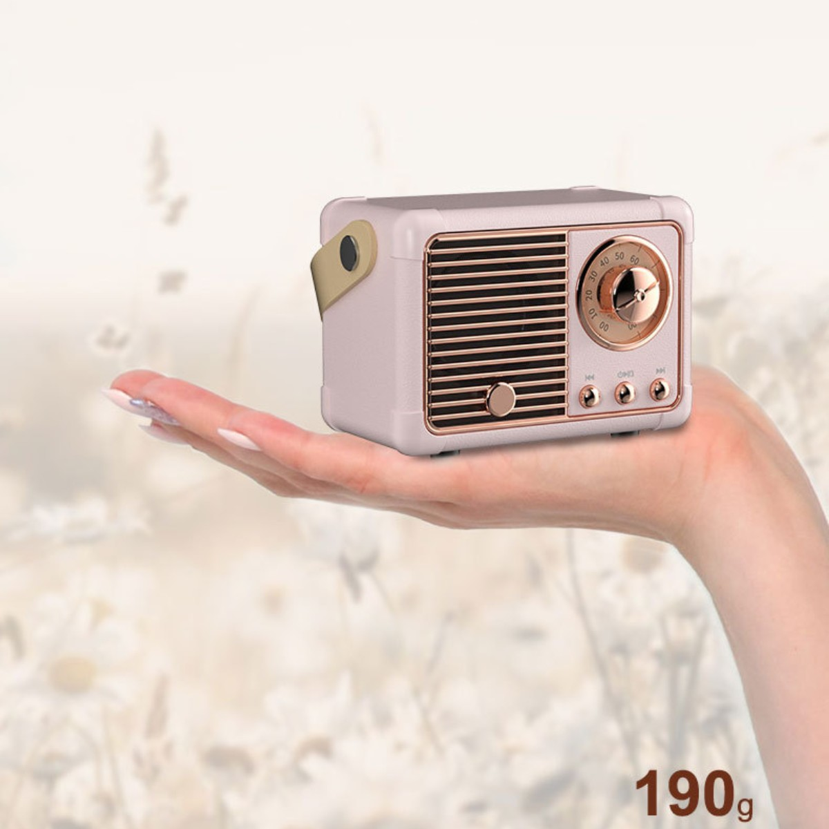 Hand, die ein rosa-goldenes Retro-Radio hält.