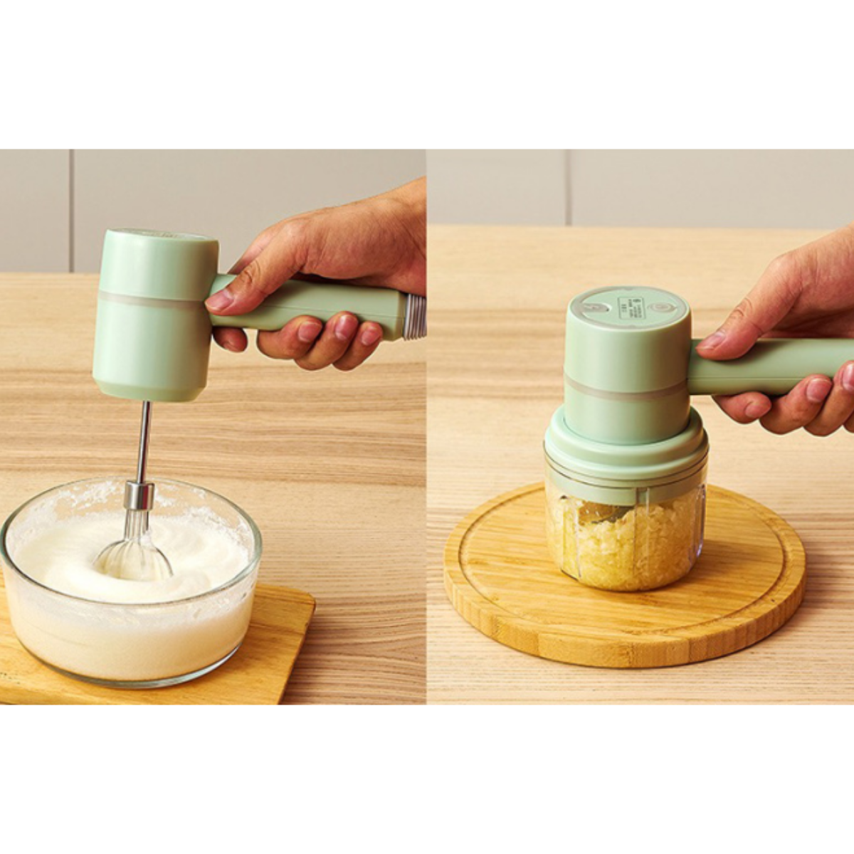 Hand hält Mixer, mischt weiße Creme und hackt Knoblauch.